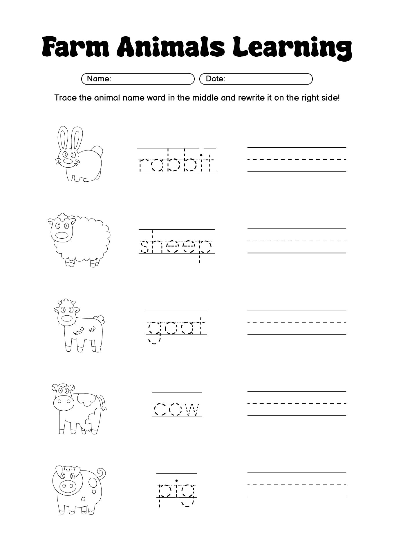 Kindergarten Farm Animals Learning Worksheets