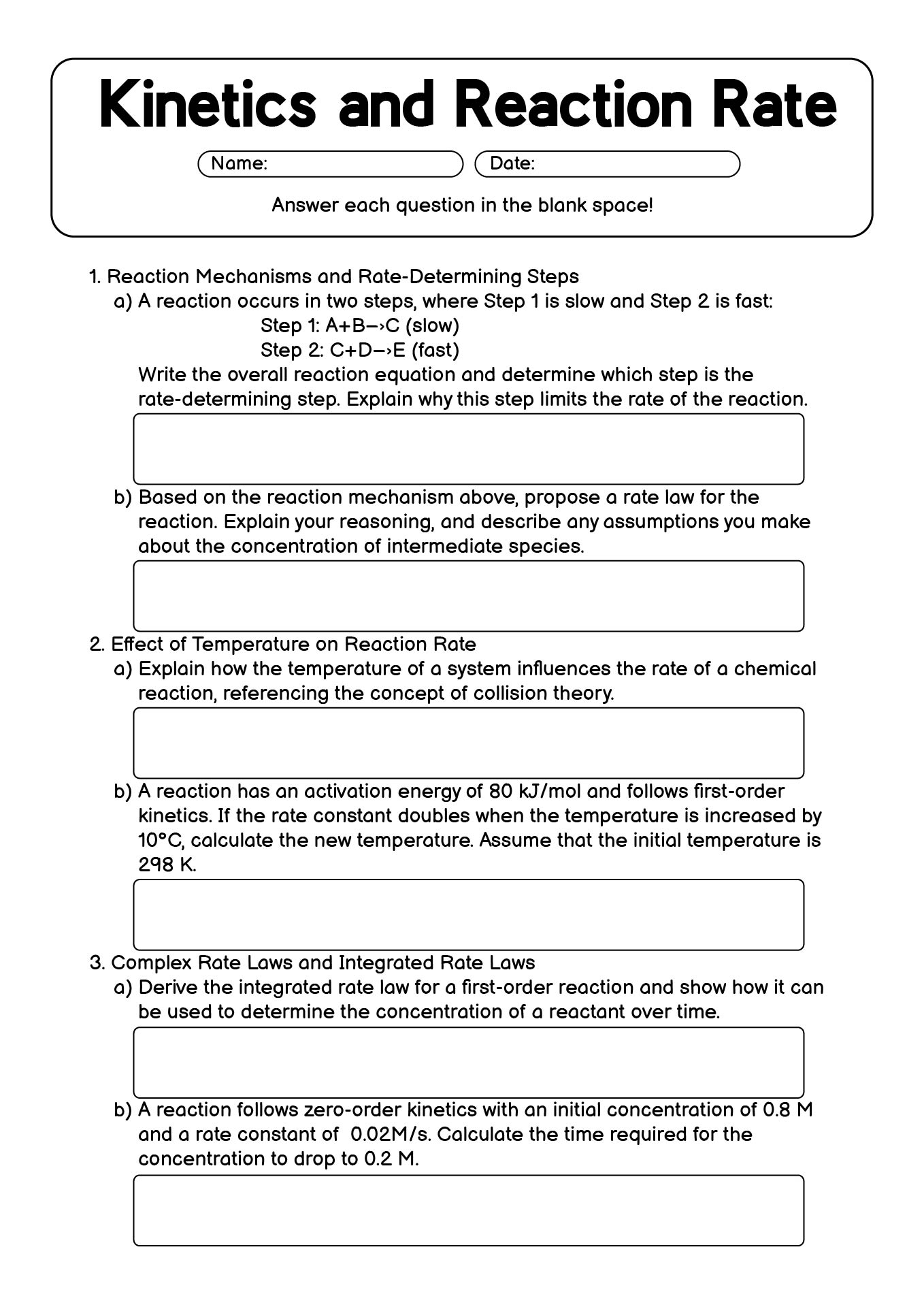 Kinetics and Reaction Rate Worksheets with Answers