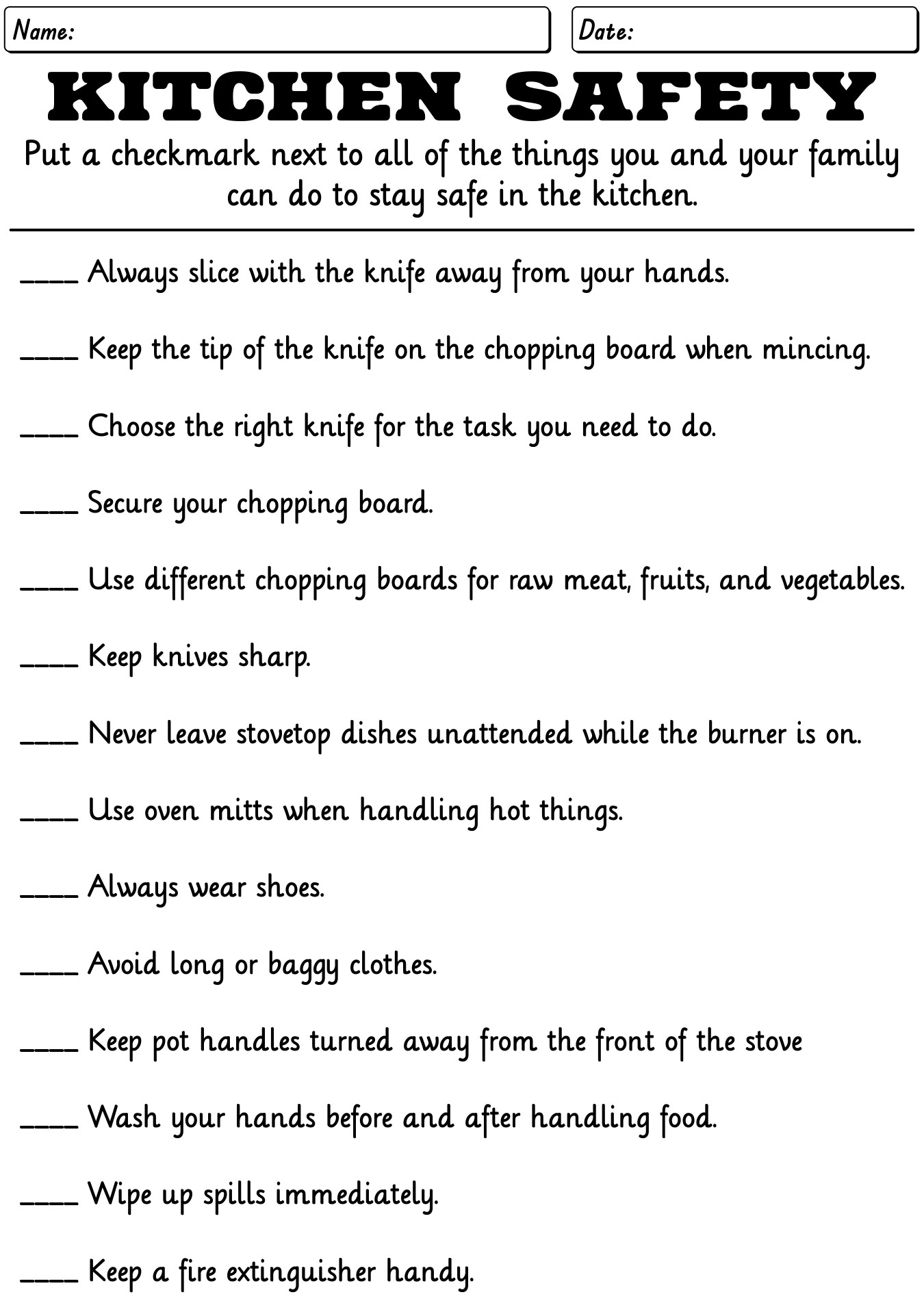 Kitchen Safety Checklist Worksheet