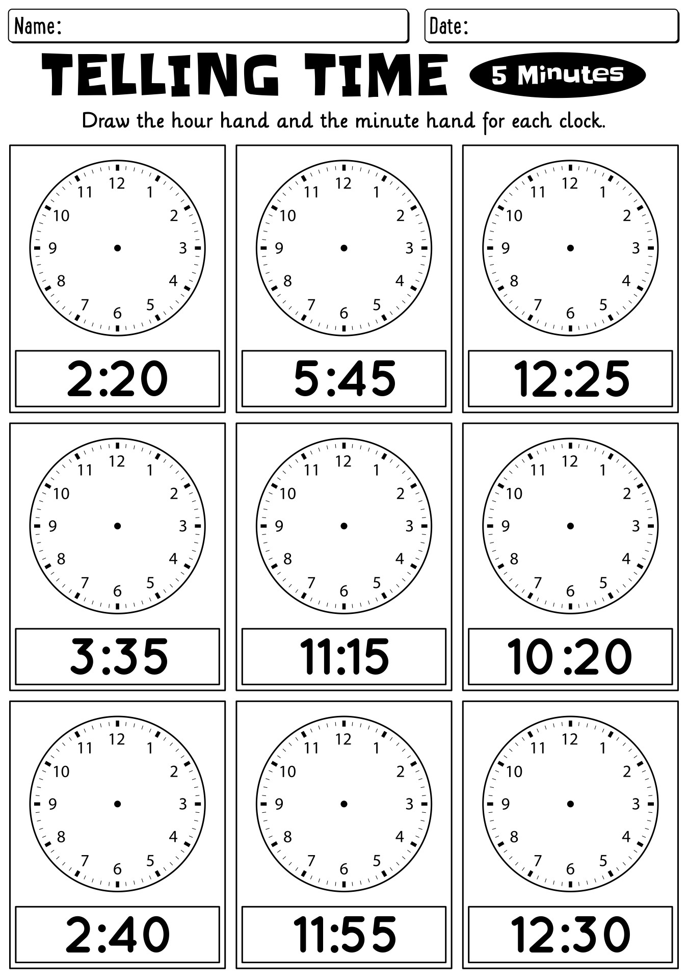 Learning Clock Worksheets Every 5 Minutes