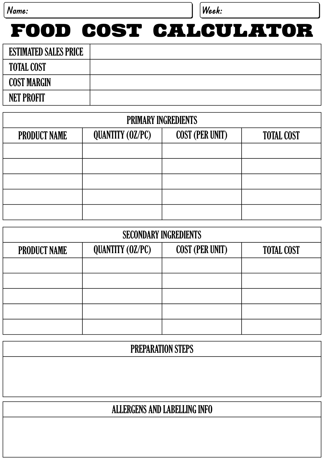 Meal Prep Cost Estimation Worksheet