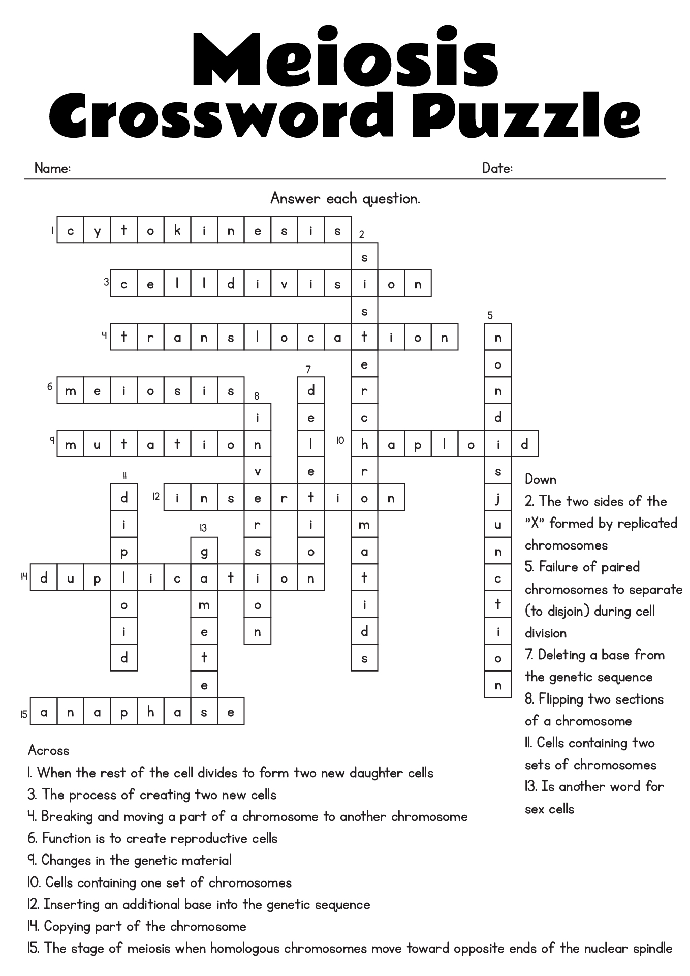 Meiosis Worksheet Answer Key Crossword Puzzle