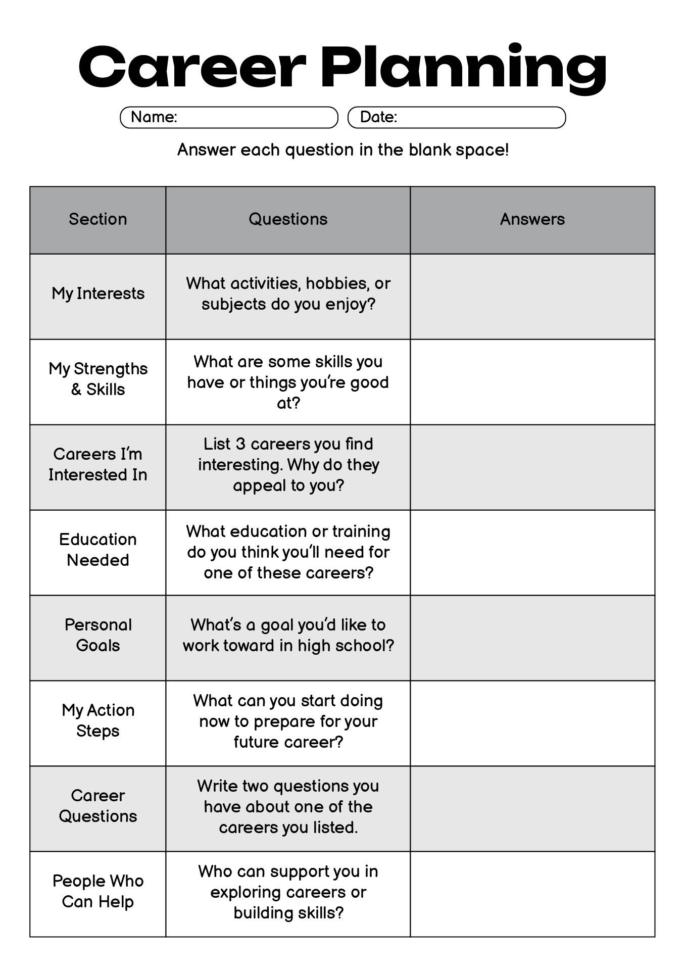 Middle School Career Planning Workbook