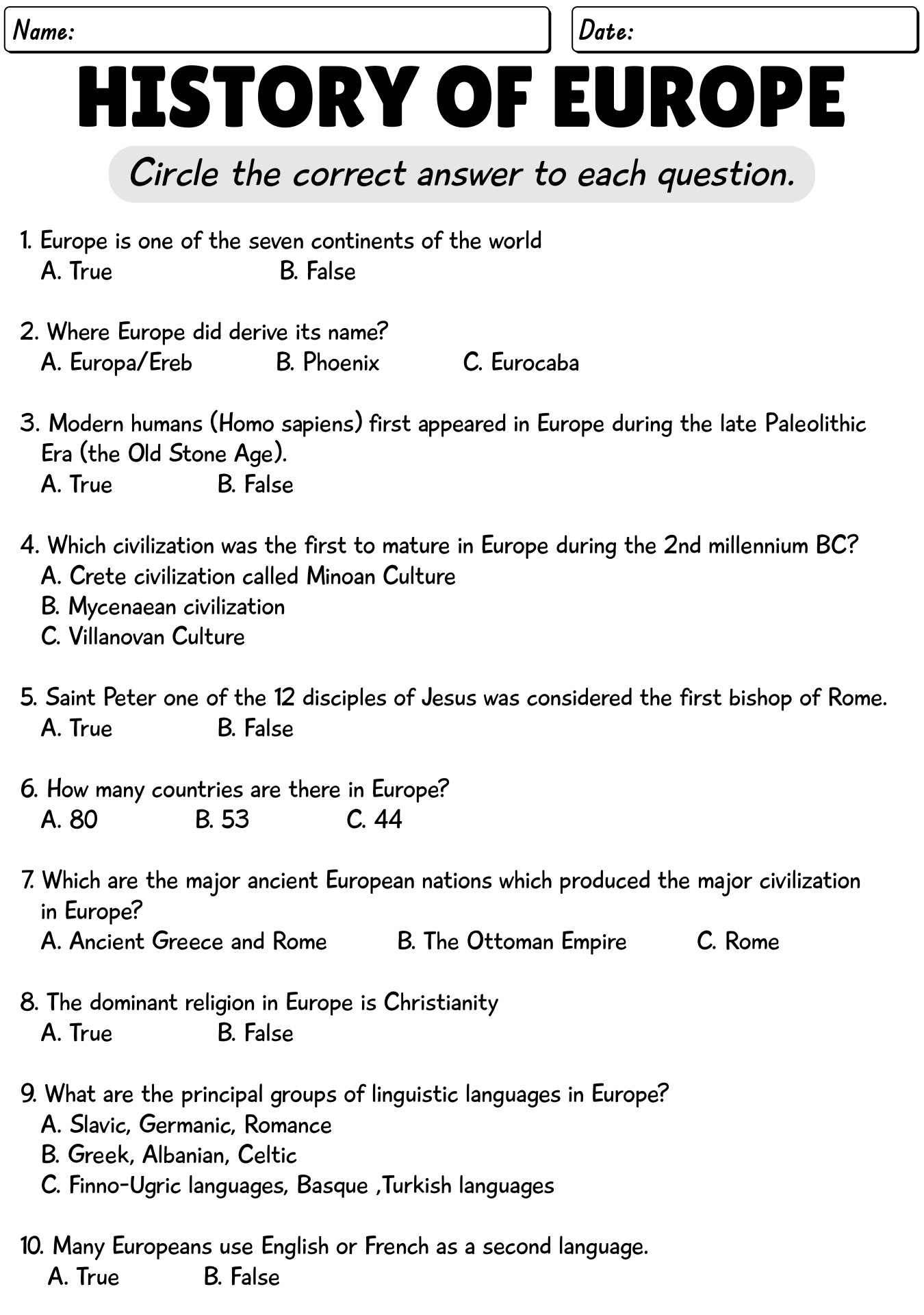 Middle School European History Printable Worksheets