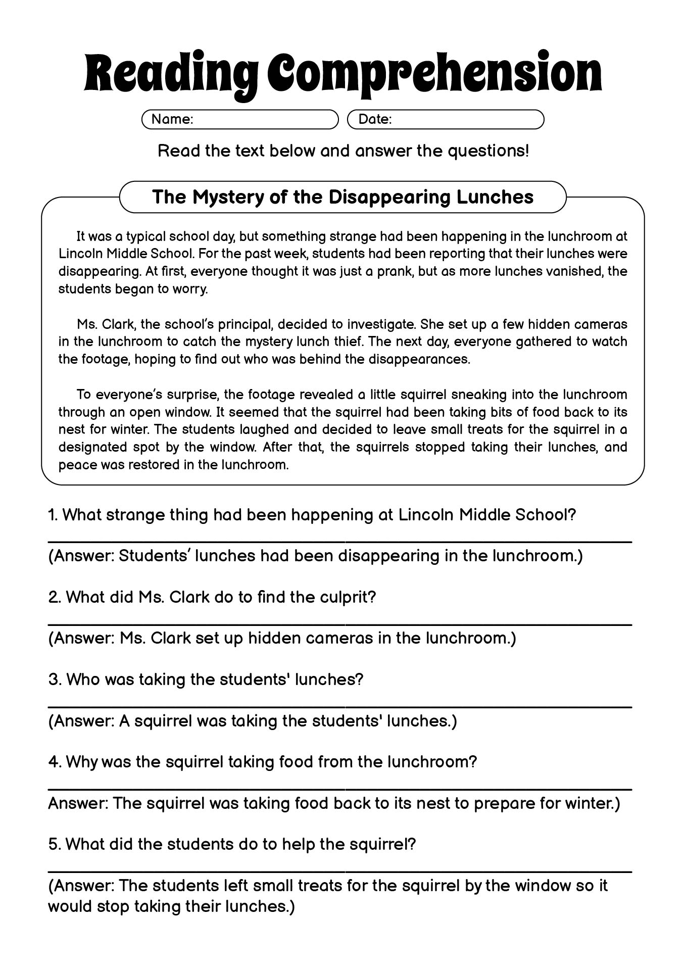 Middle School Reading Comprehension Worksheets with Answers