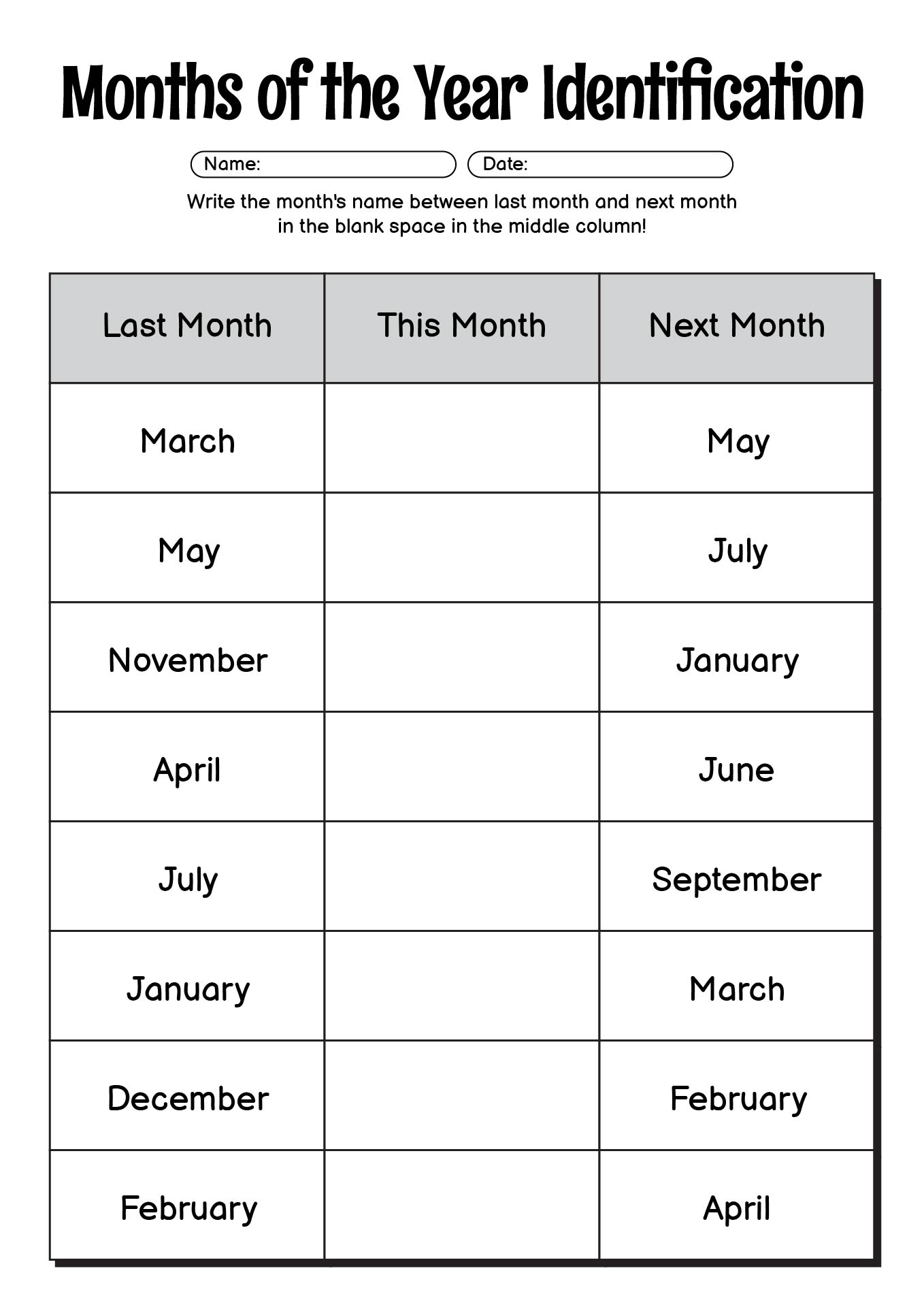 Months of the Year Identification Worksheet for Kids