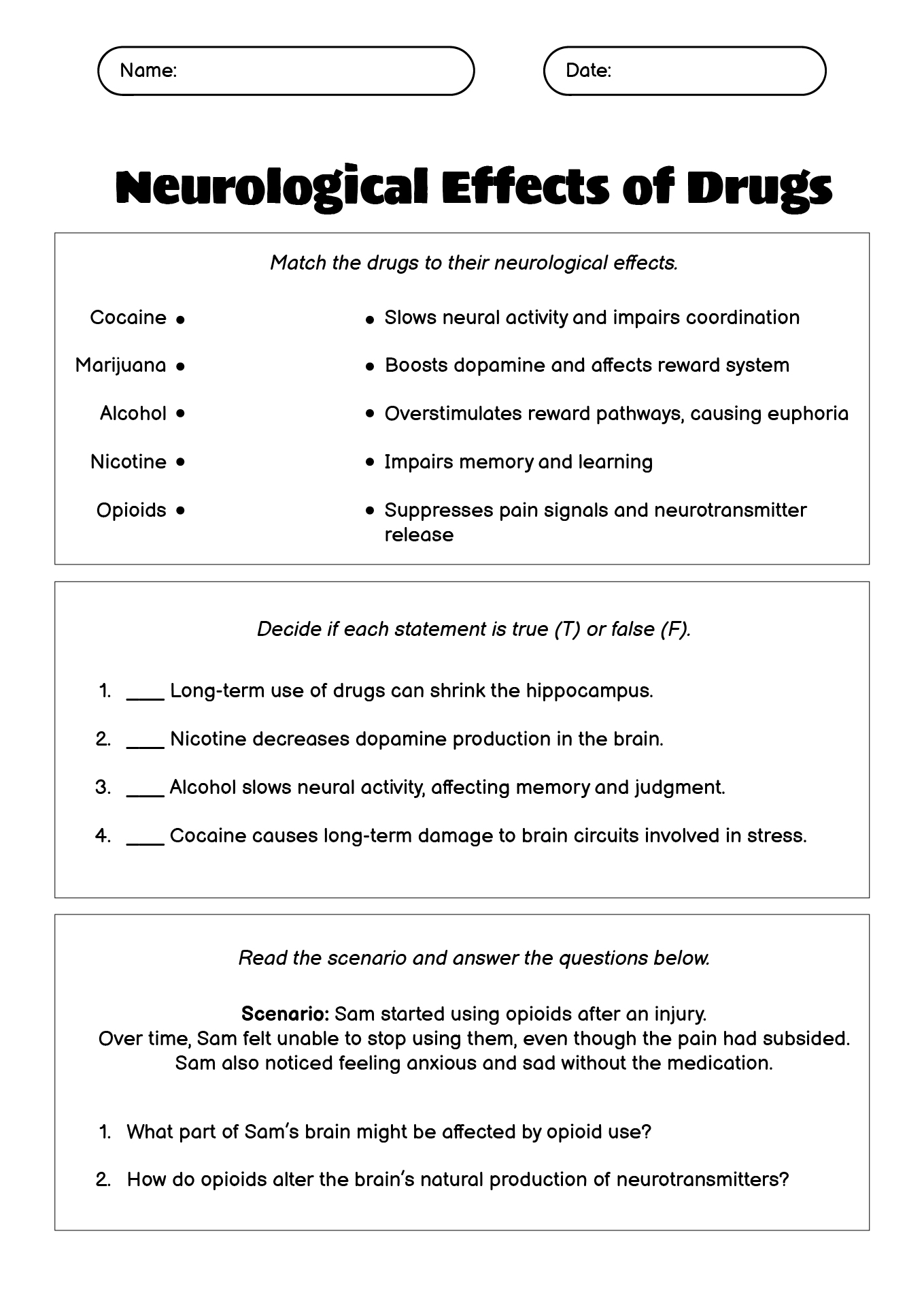 Neurological Effects of Drugs Worksheet Activities