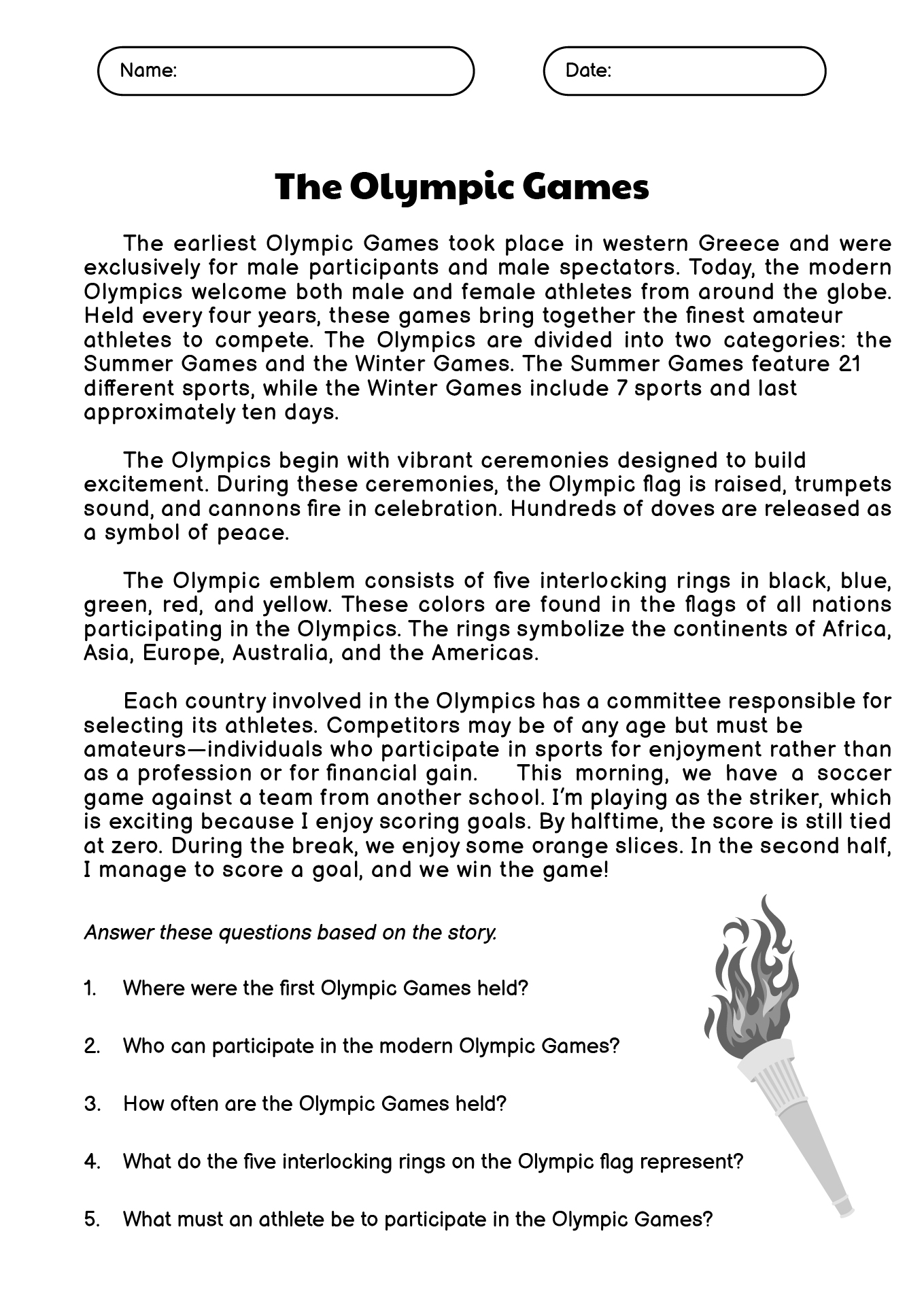 Olympic Games Reading Comprehension Worksheets