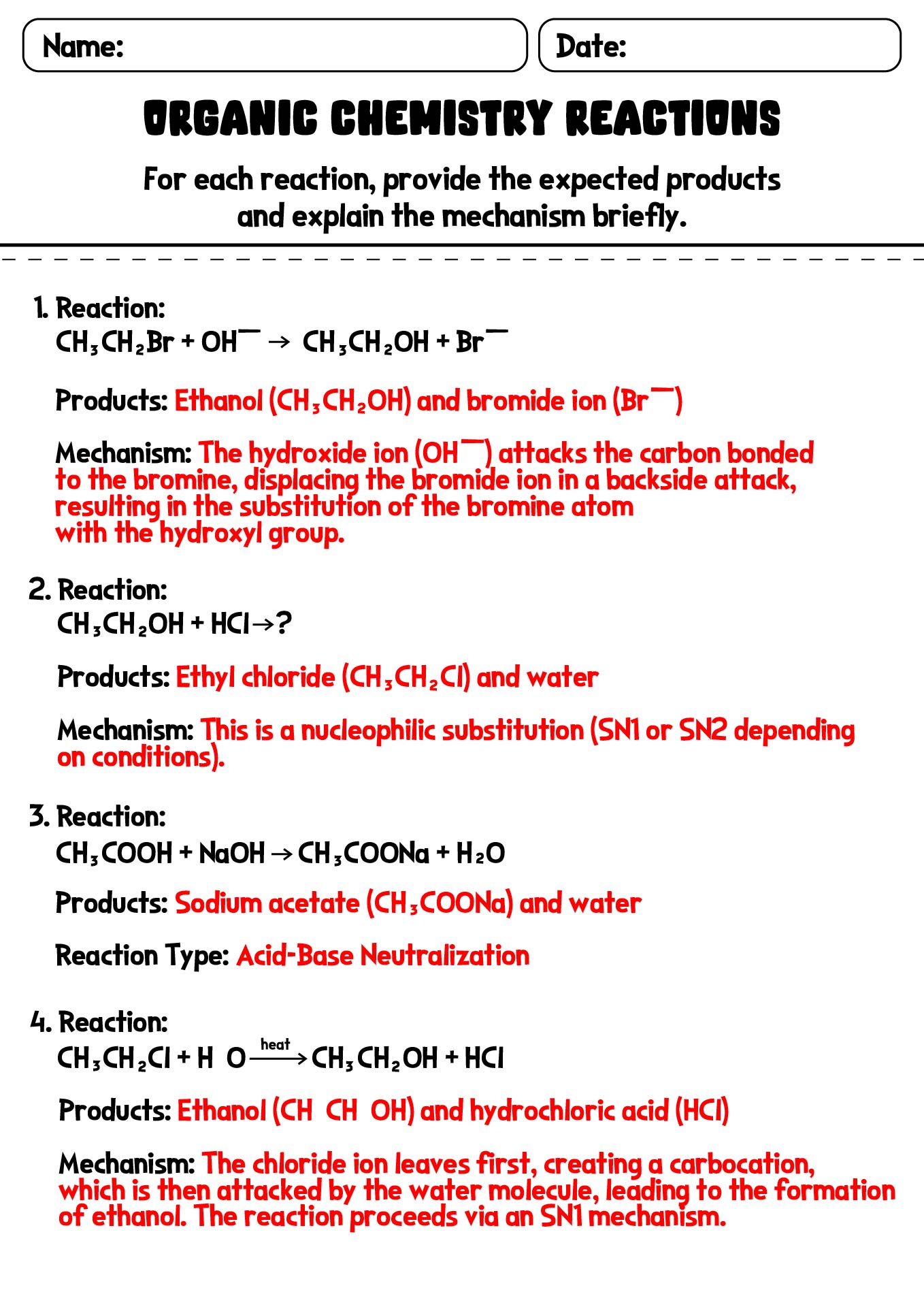 Organic Chemistry Reactions Worksheet with Answer Sheet