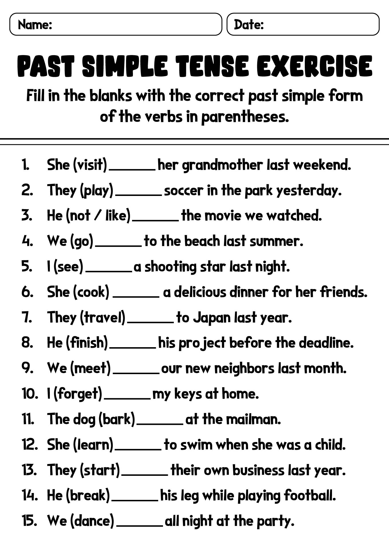 Past Simple Tense Printable Exercises