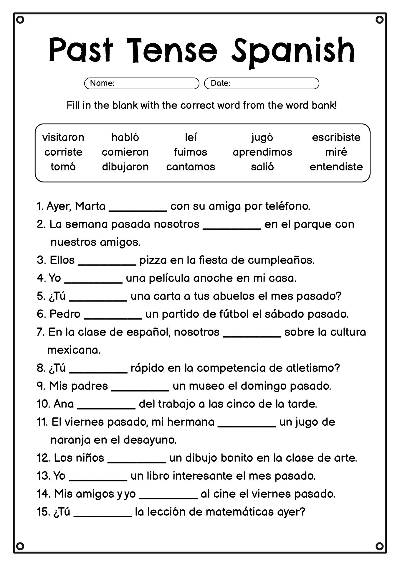 Past Tense Spanish Verbs Worksheets