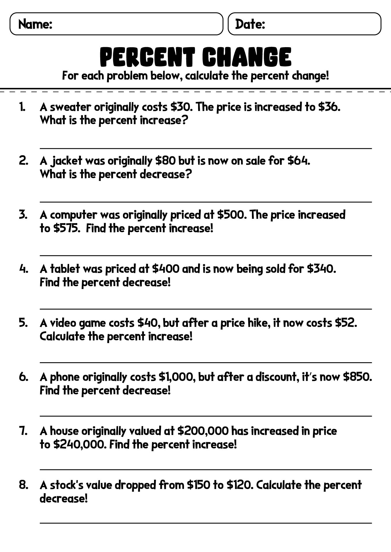 Percent Change Worksheet For Middle School Math