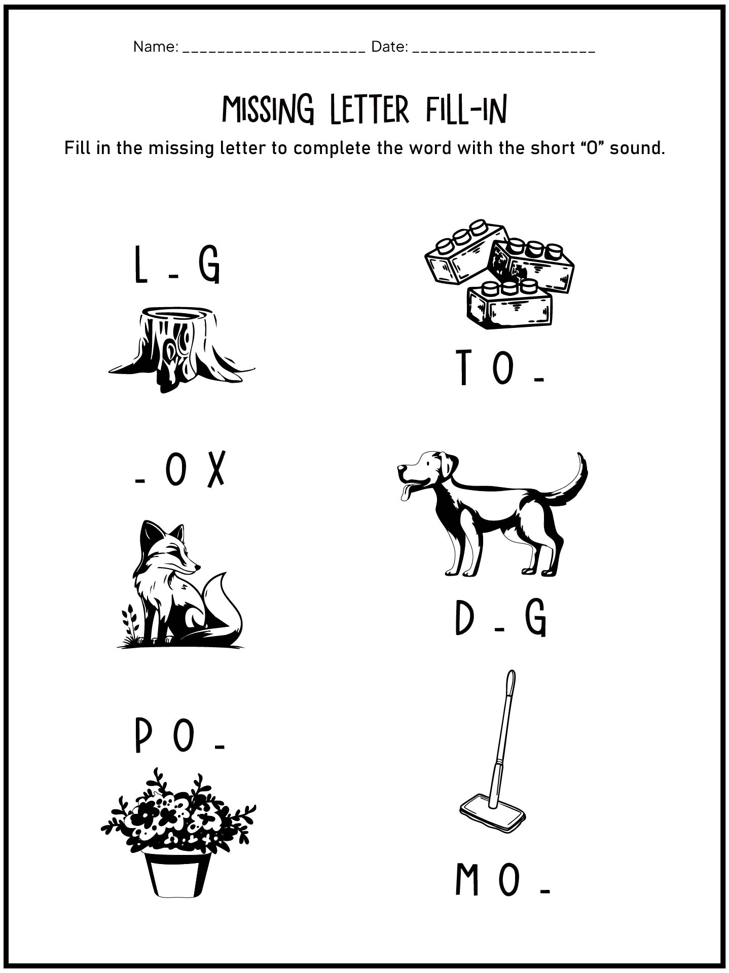 Phonics Worksheets on Short O for First Graders