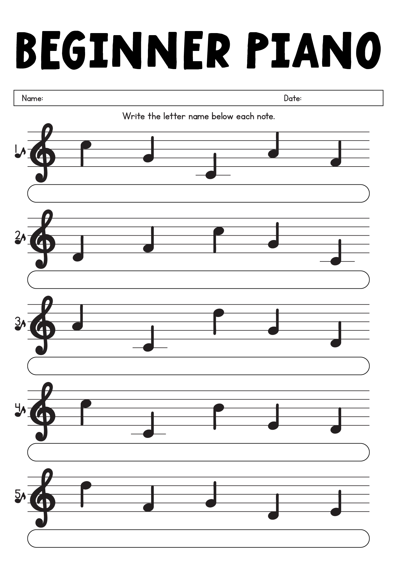 Piano Music Notes Learning Worksheets