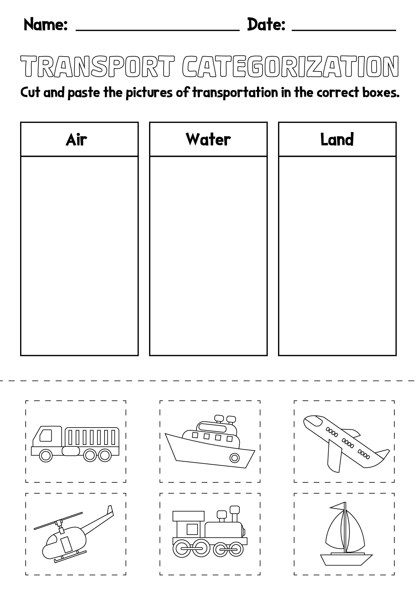 Preschool Transport Categorization Worksheets