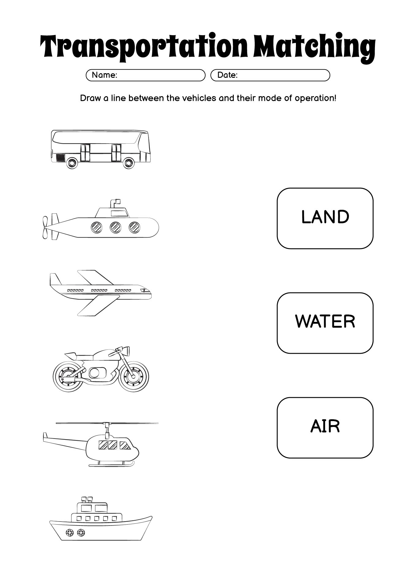 Preschool Vehicle and Transportation Matching Worksheets