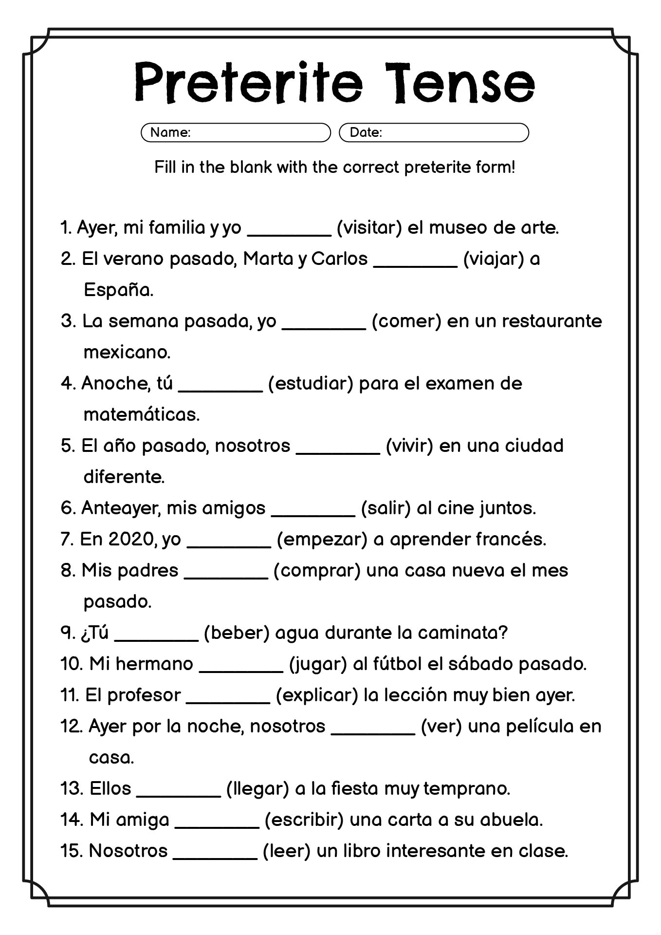 Preterite Tense Practice Sheets for Spanish Class