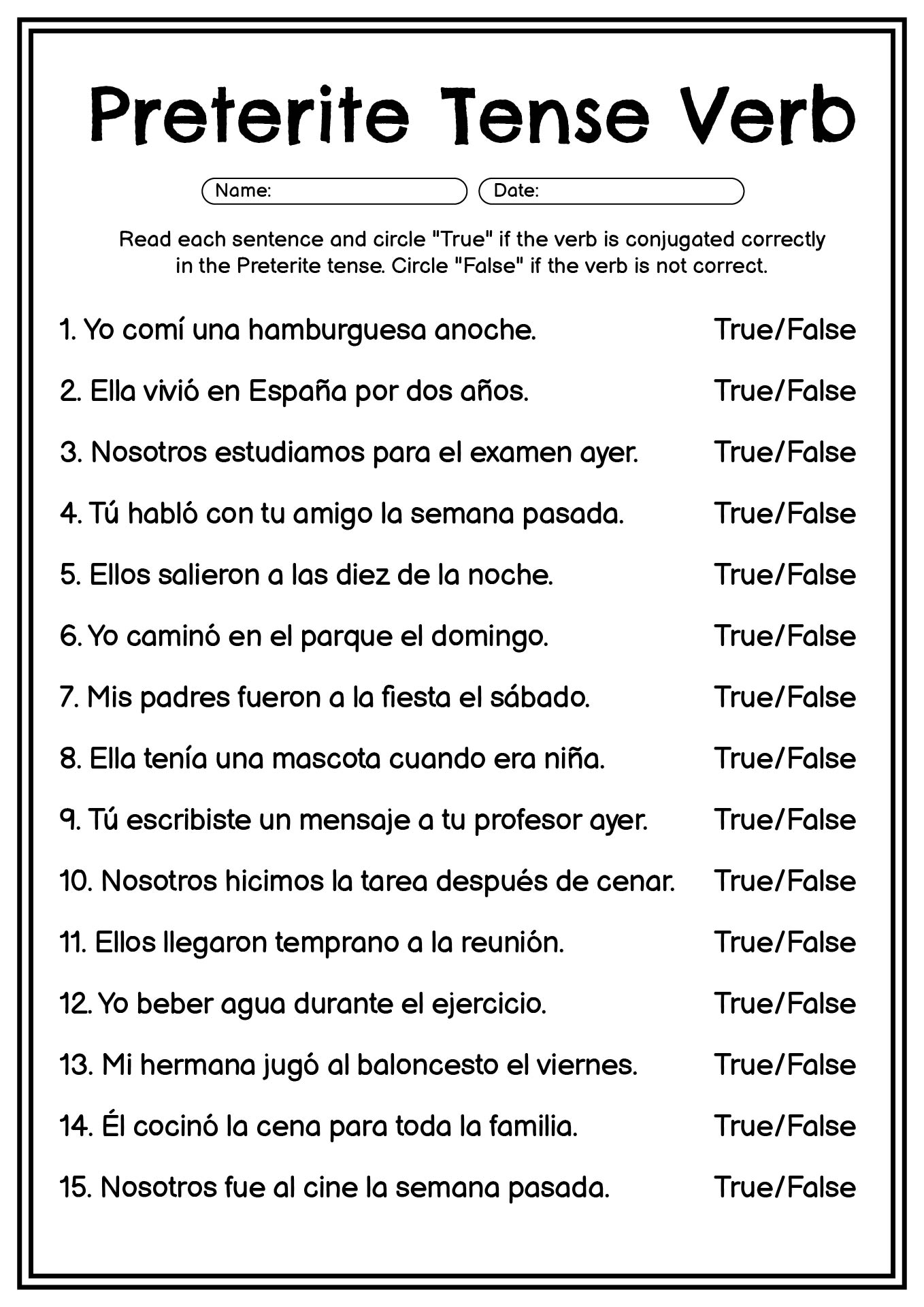 Preterite Tense Verb Conjugation Worksheets