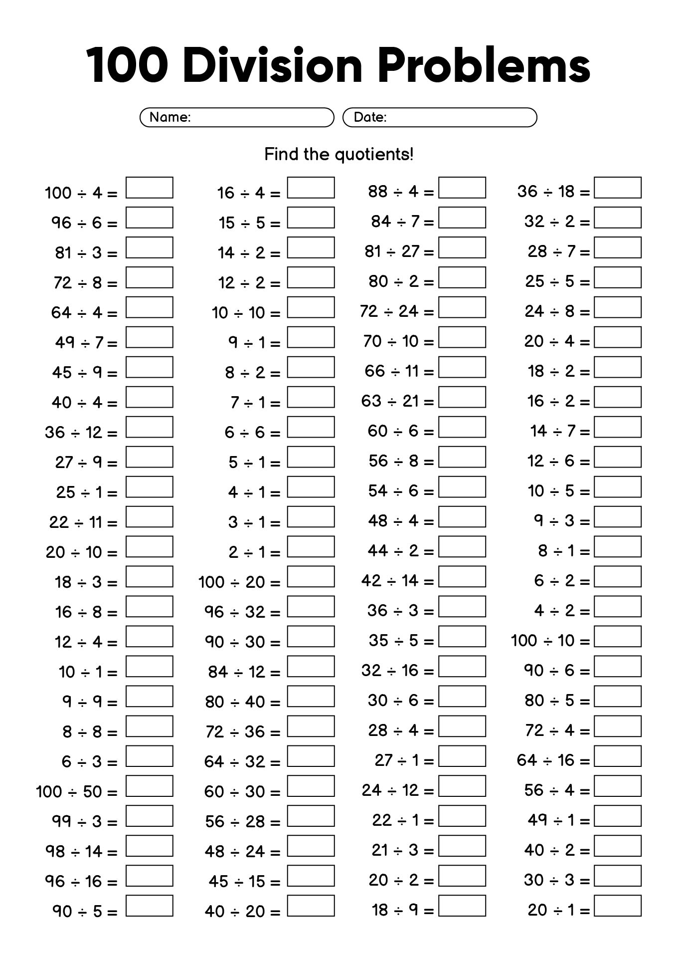 Printable 100 Division Problems