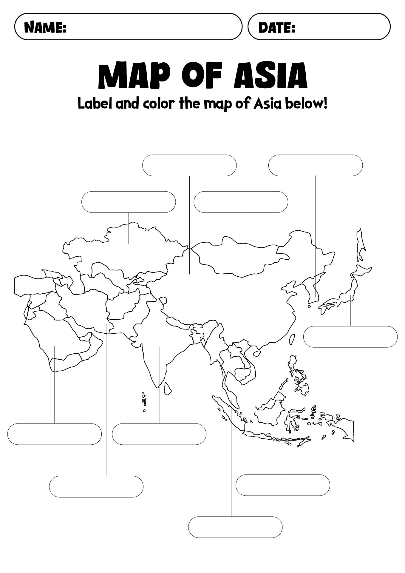 Printable Blank Map of Asia for Geography Lessons