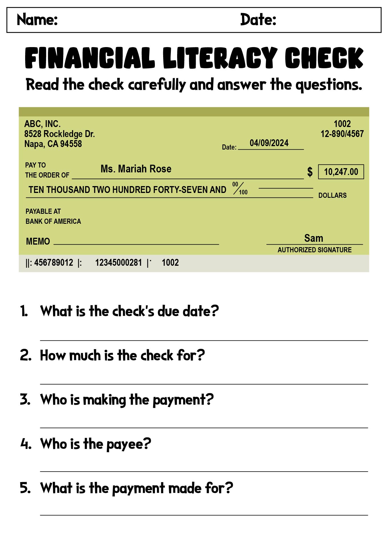 Printable Financial Literacy Check Worksheets