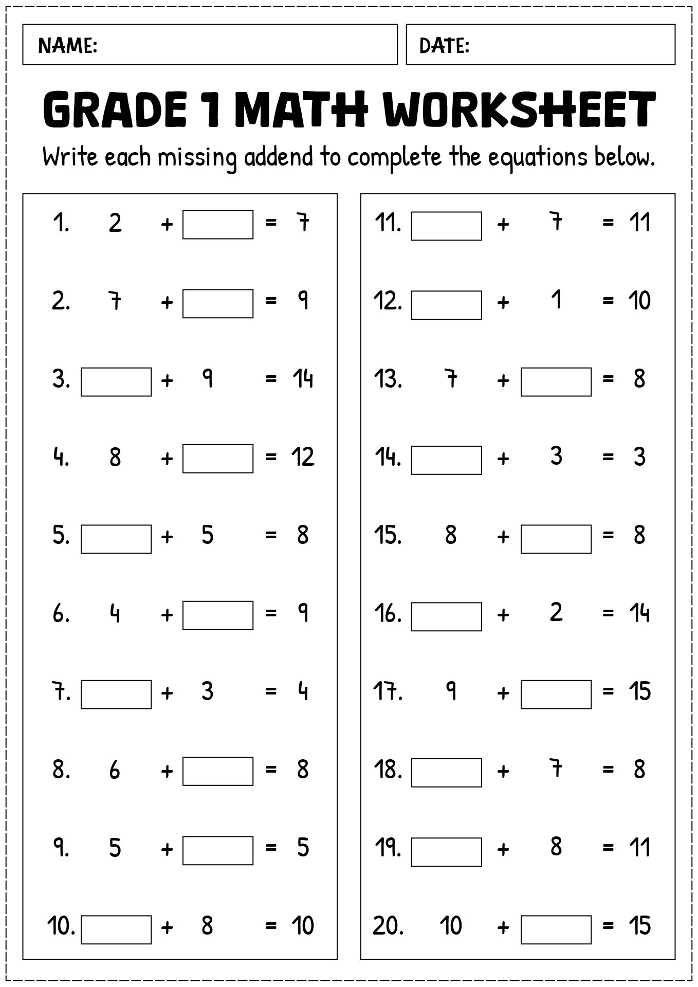 Printable Math Worksheets for Grade 1