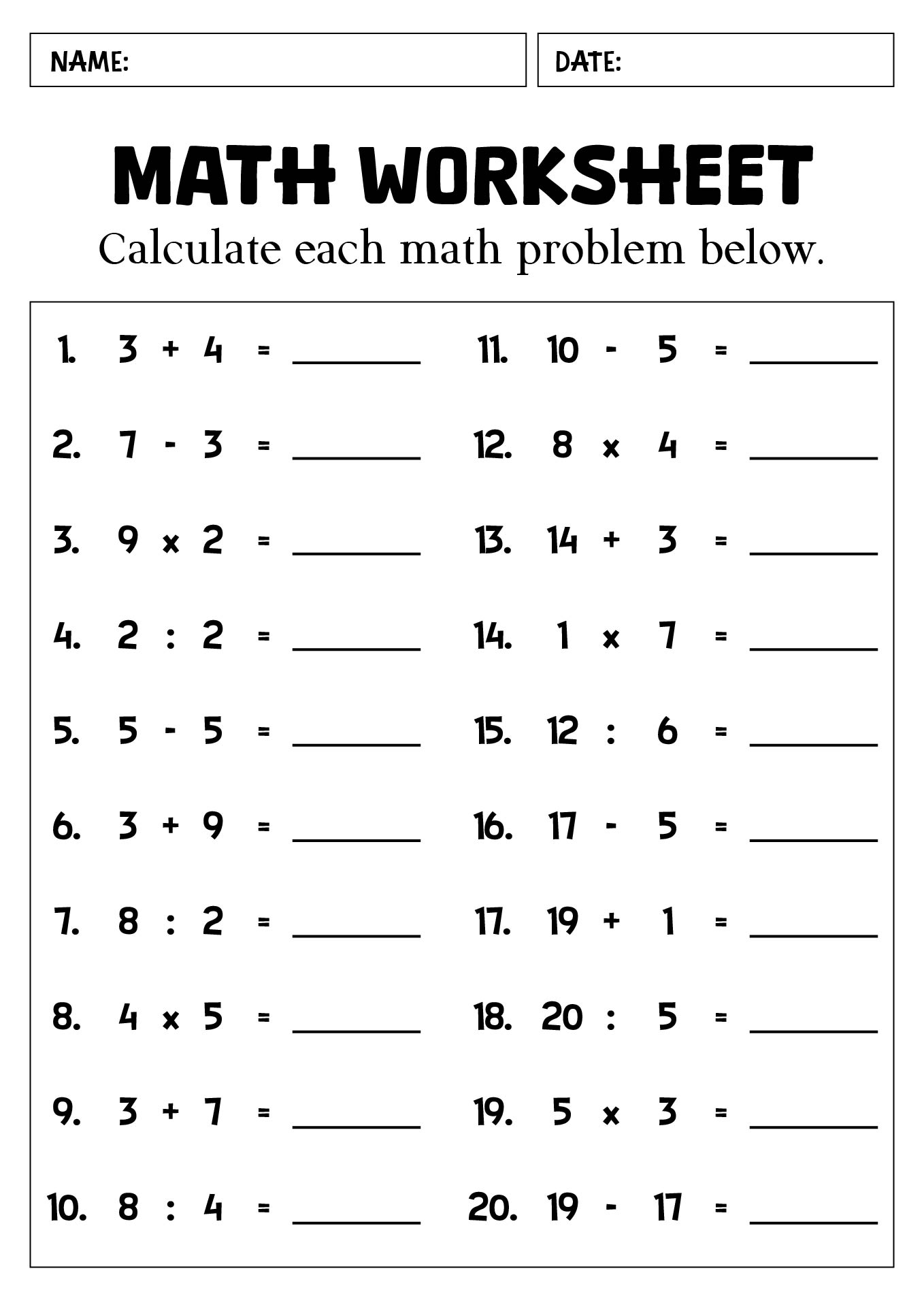 Printable Math Worksheets for Homeschooling