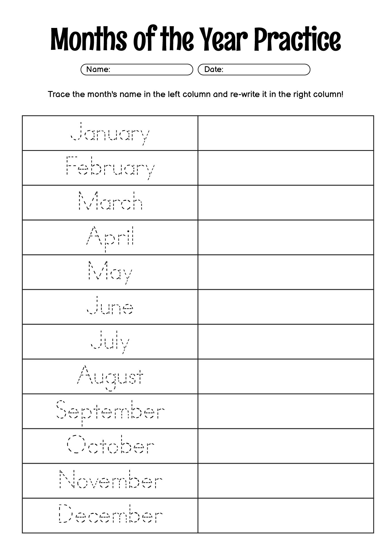 Printable Months of the Year Practice Worksheet