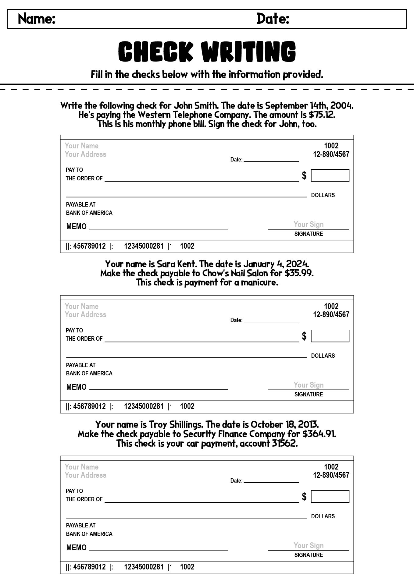 Printable Practice Checks Worksheets for Students