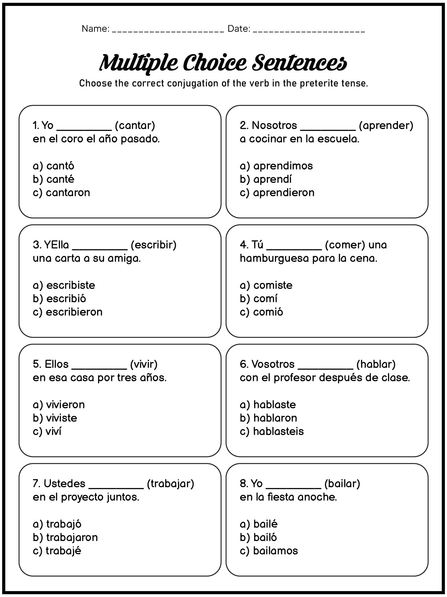 Printable Preterite Tense Exercises for Beginners