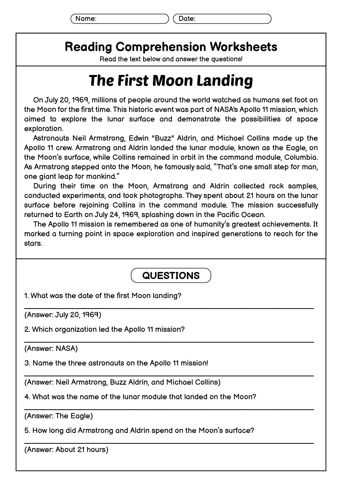 Printable Reading Comprehension Worksheets with Answers