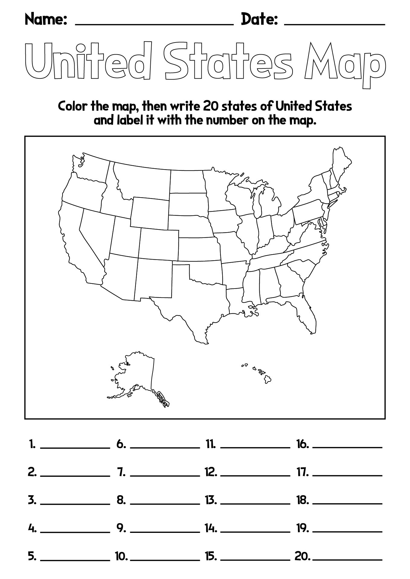 Printable US Map Worksheets for Geography Lessons