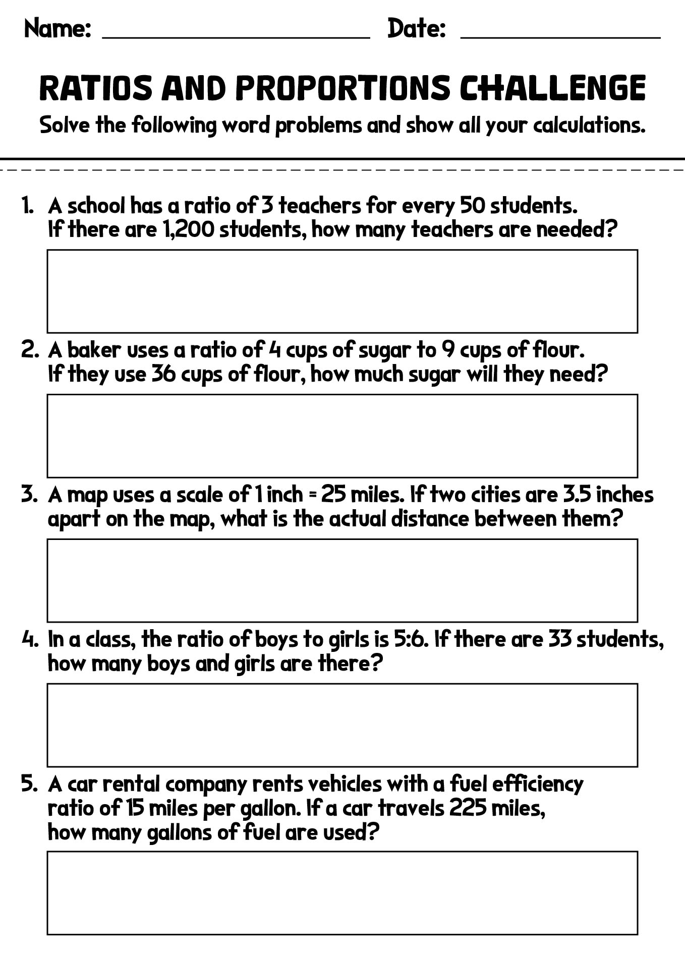 Ratios and Proportions Challenge Worksheet