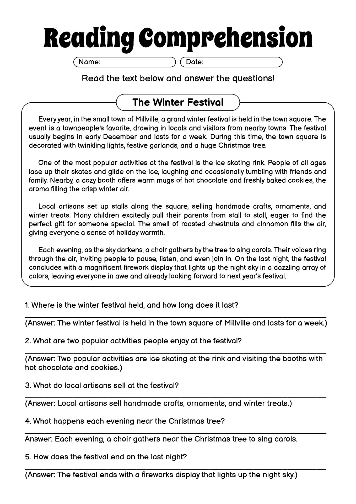 Reading Comprehension Worksheets with Answer Key