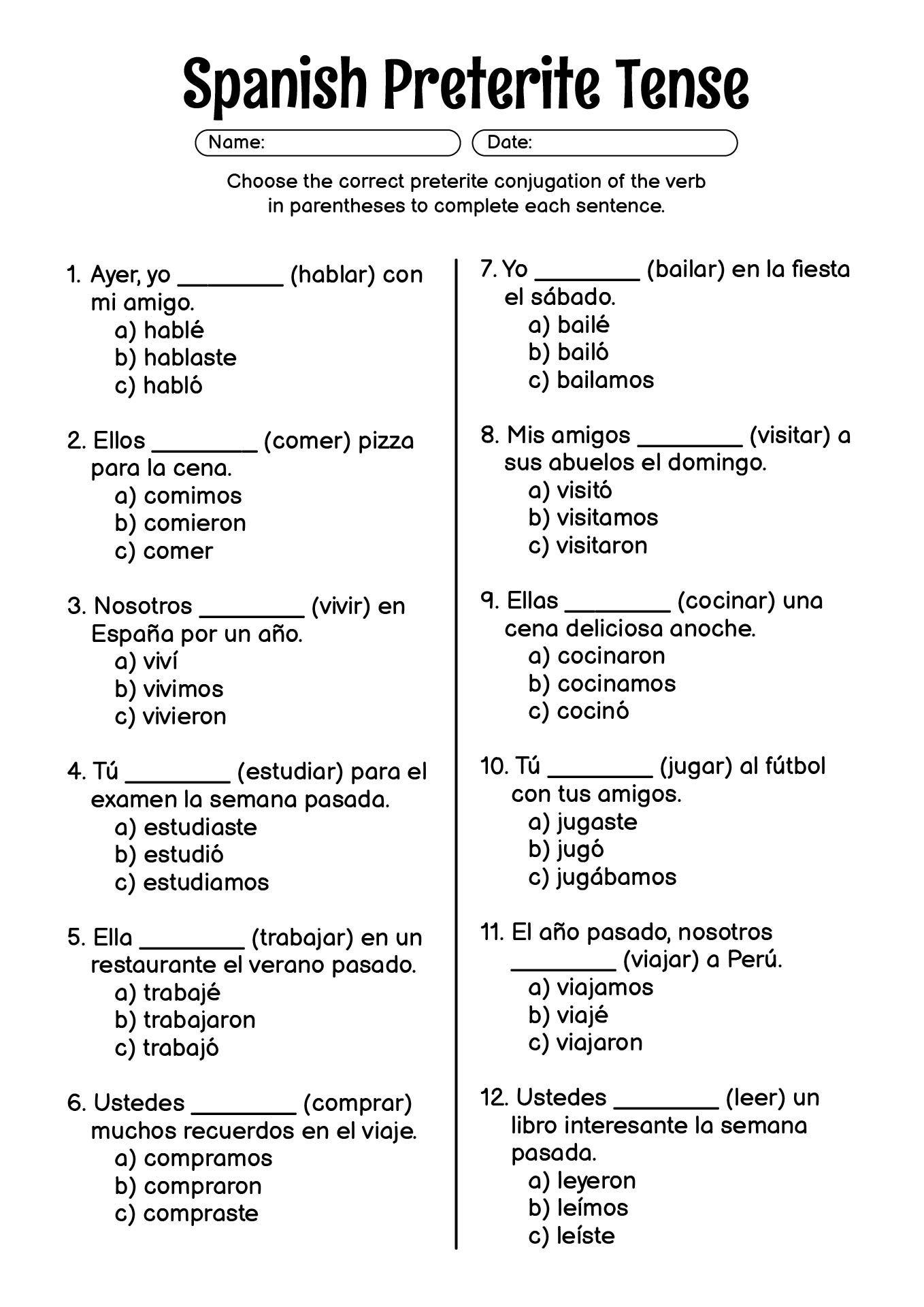 Regular Spanish Preterite Tense Worksheets