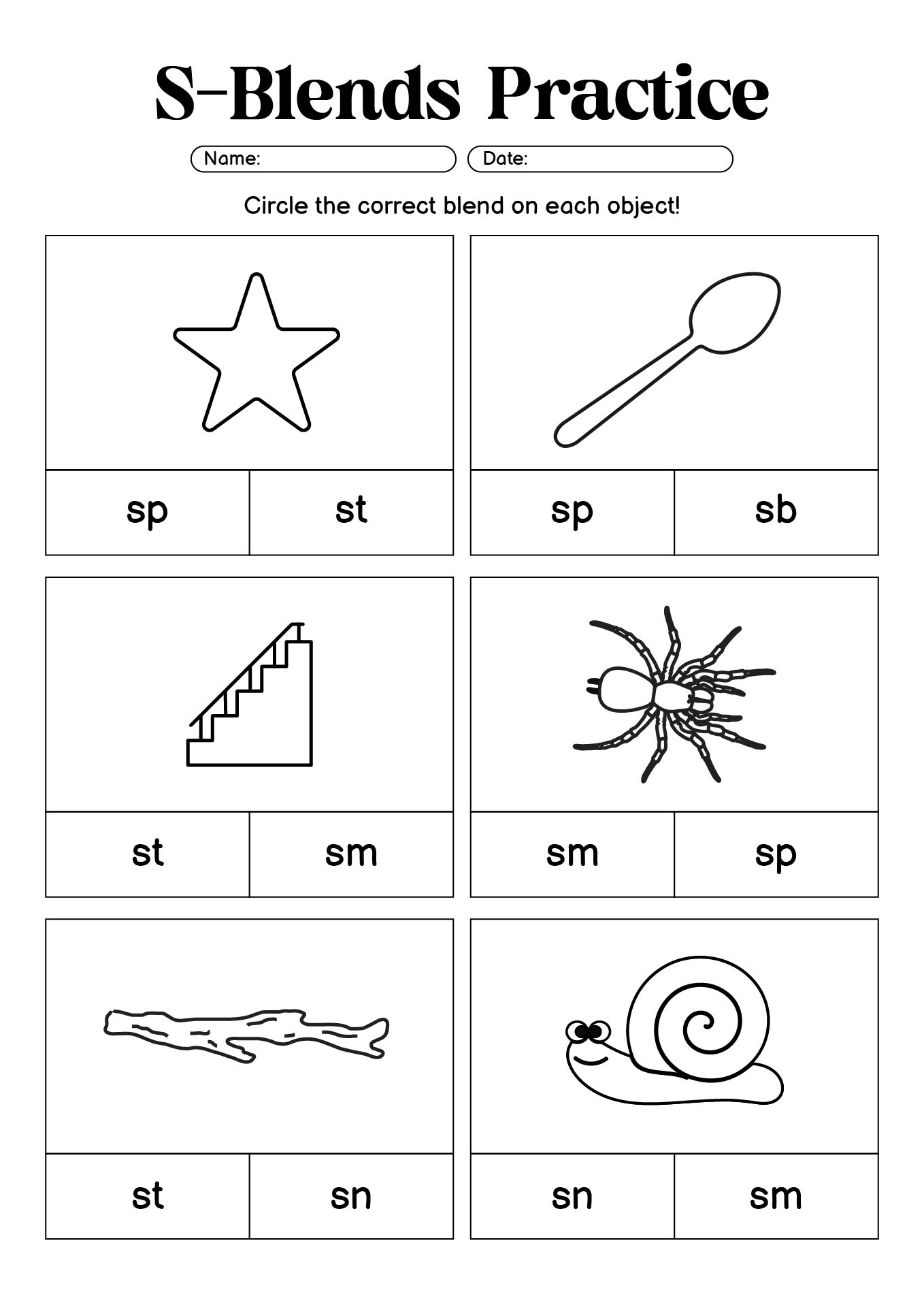 S-Blends Practice Sheets for 1st Grade Phonics