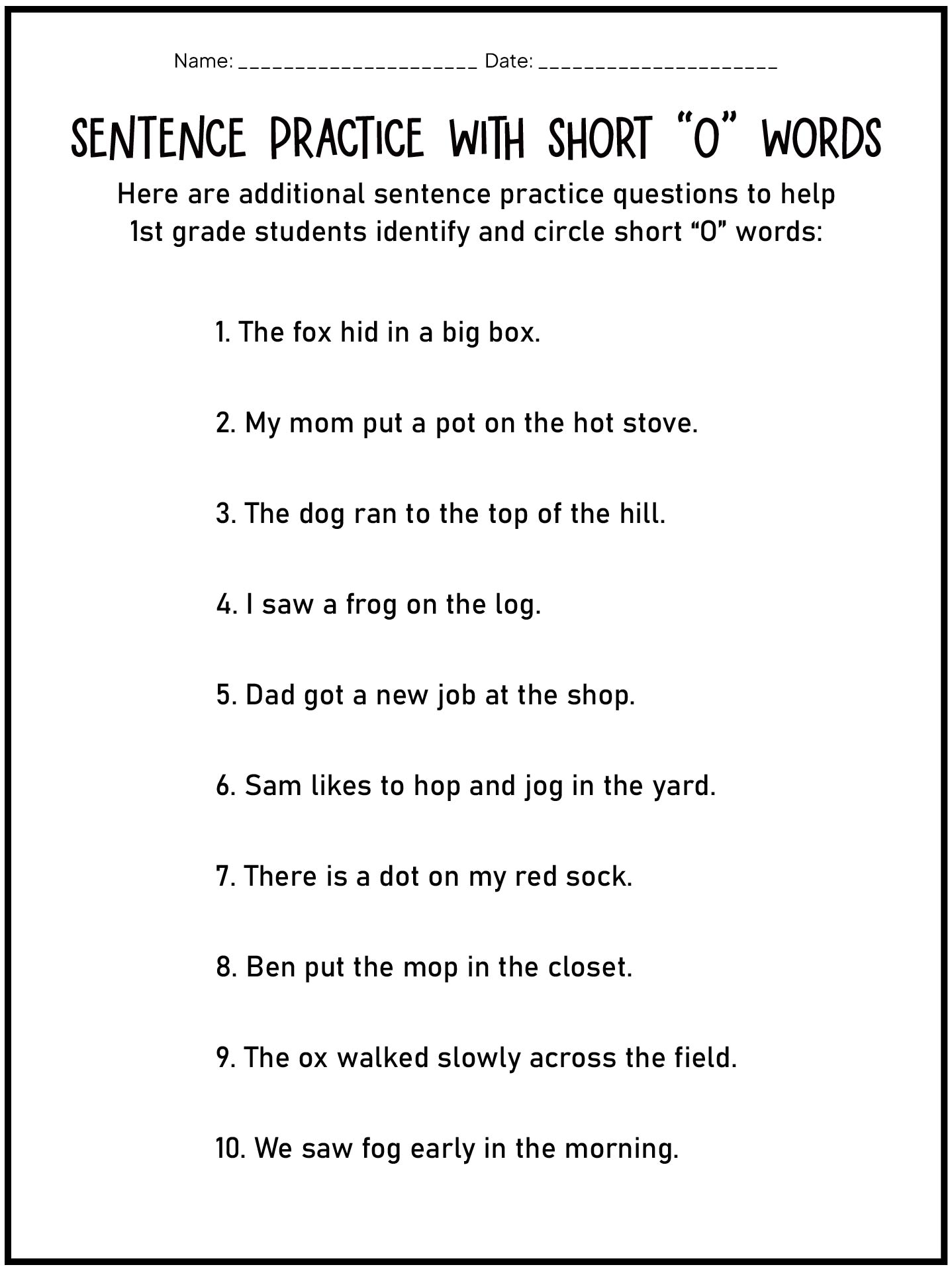 Short O Phonics Exercises for 1st Grade Students