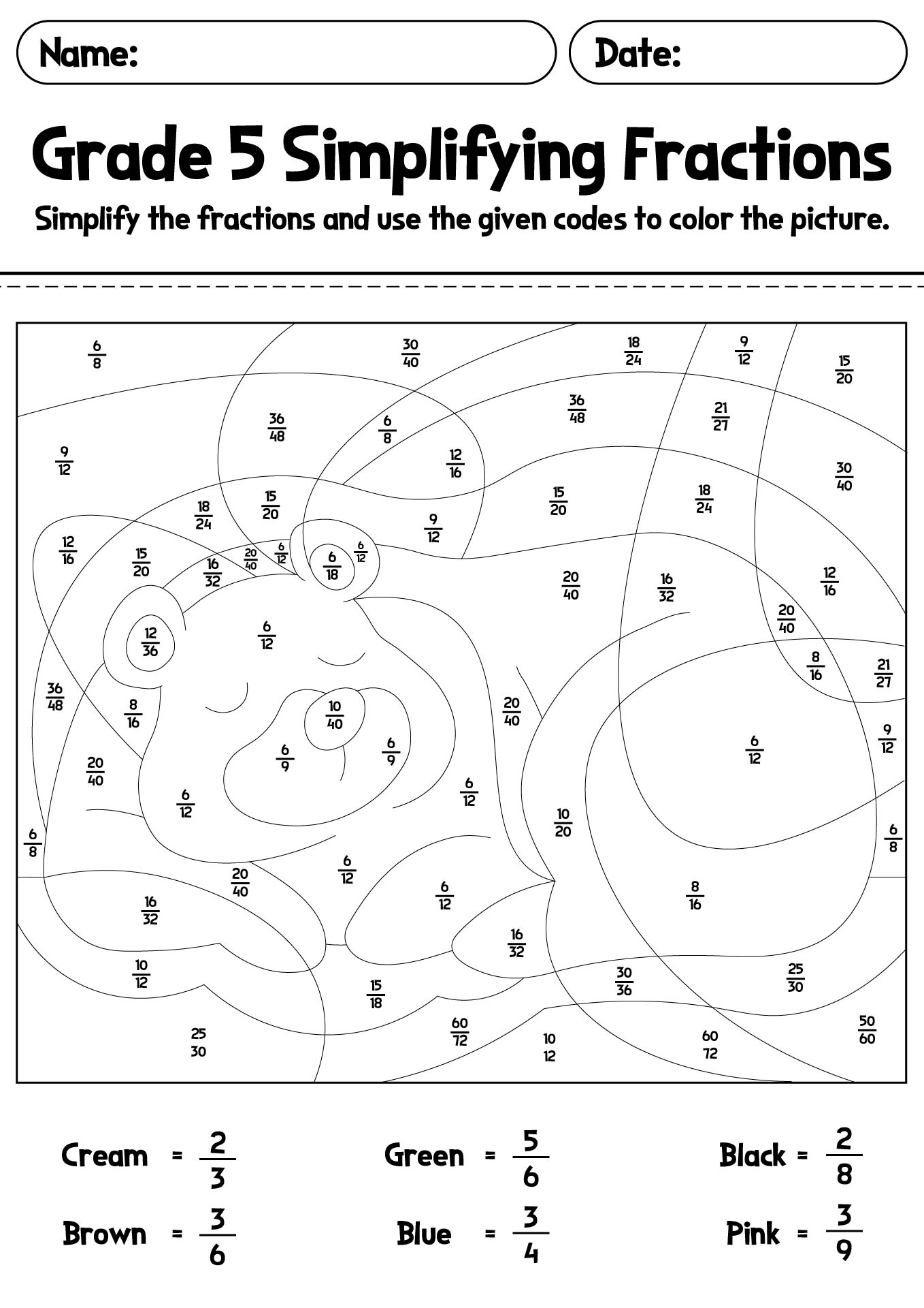 Simplifying Fractions Coloring Activity for Grade 5