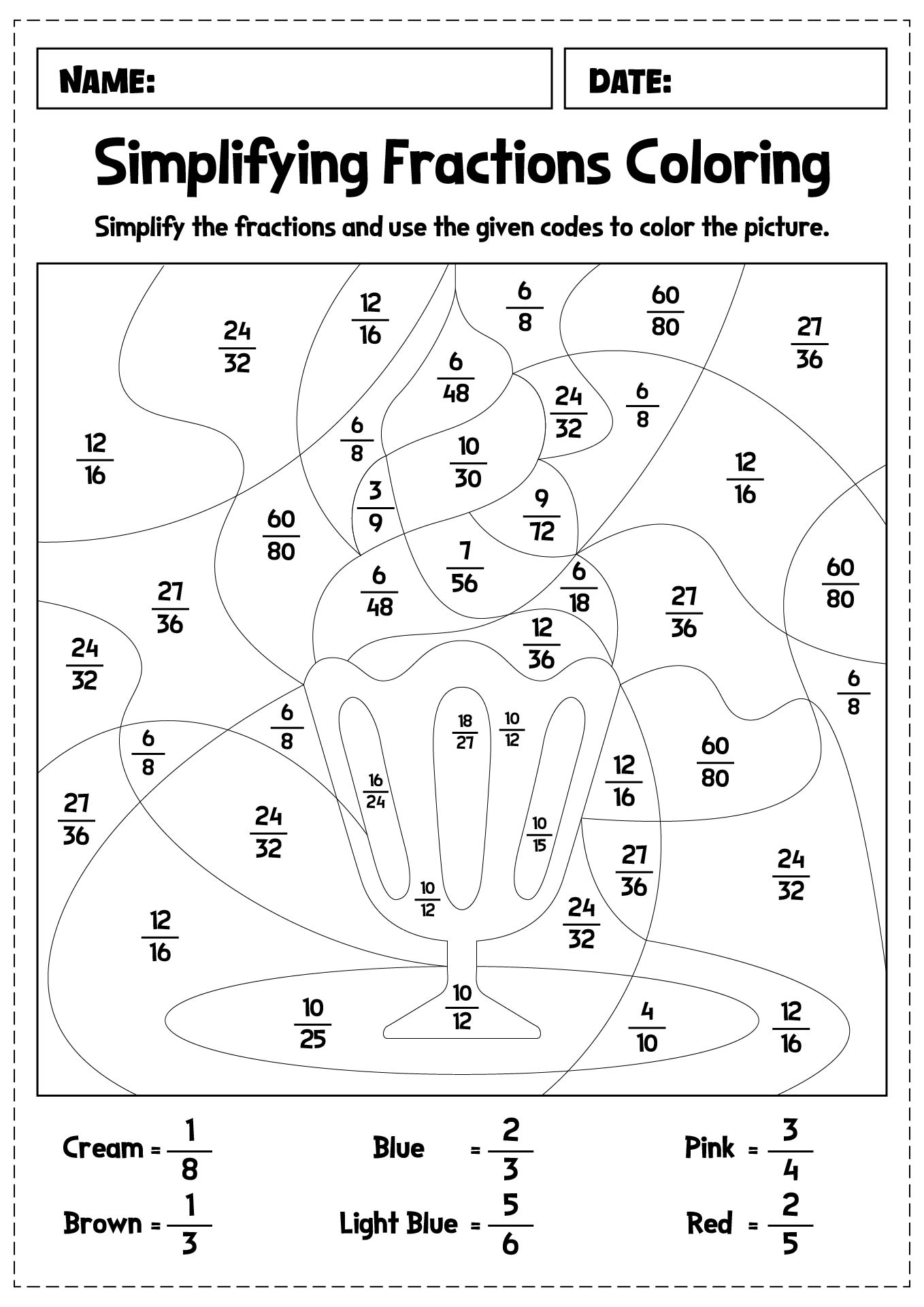 Simplifying Fractions Coloring Worksheet for Elementary Students