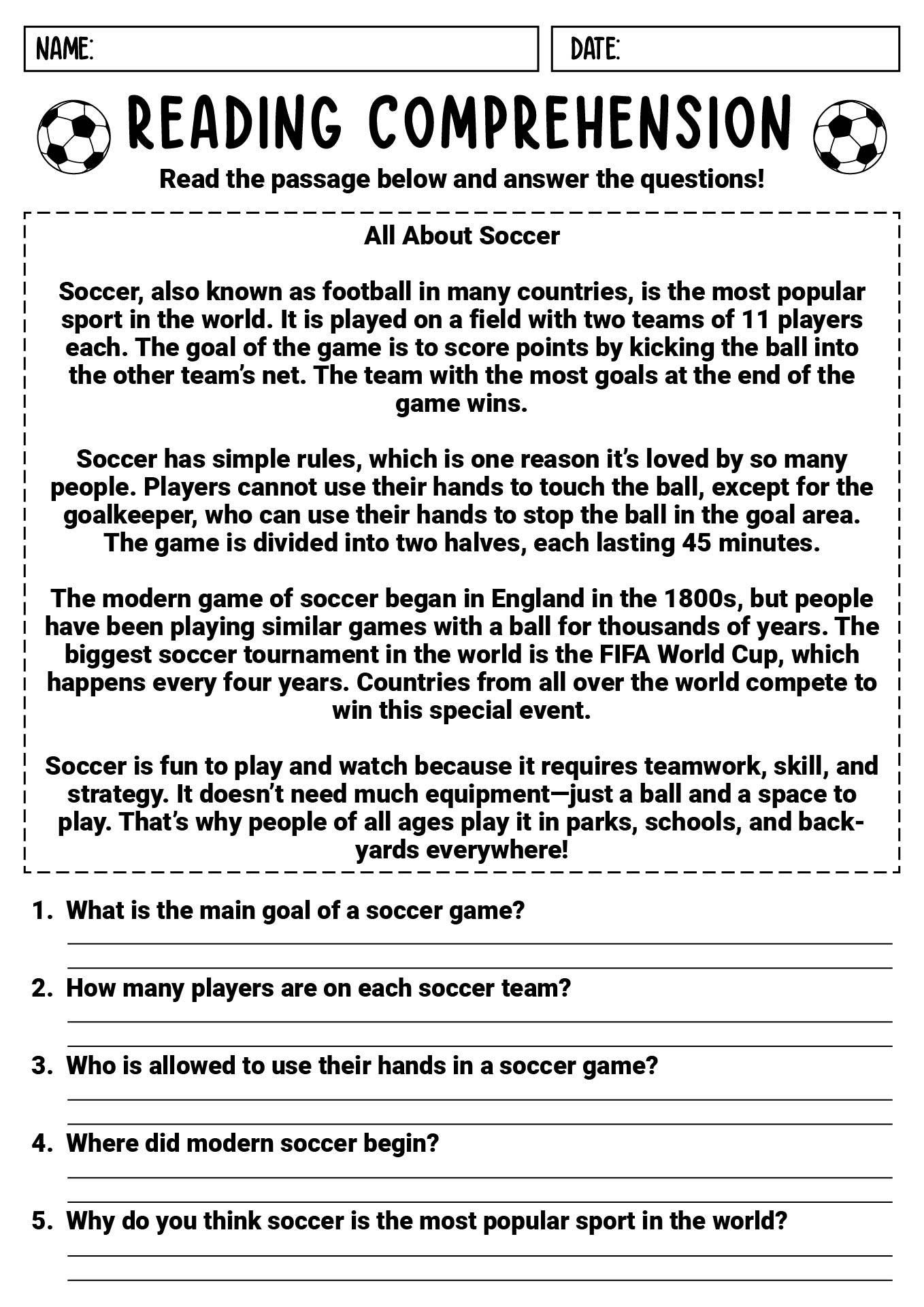 Soccer Reading Comprehension Printables for Students