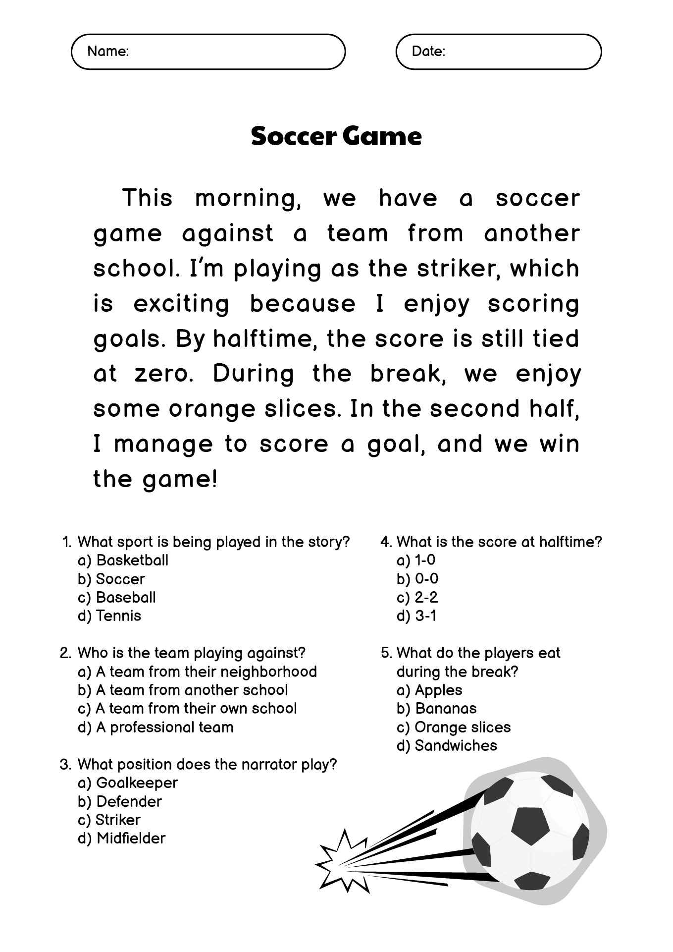 Soccer Story Reading Comprehension Exercises