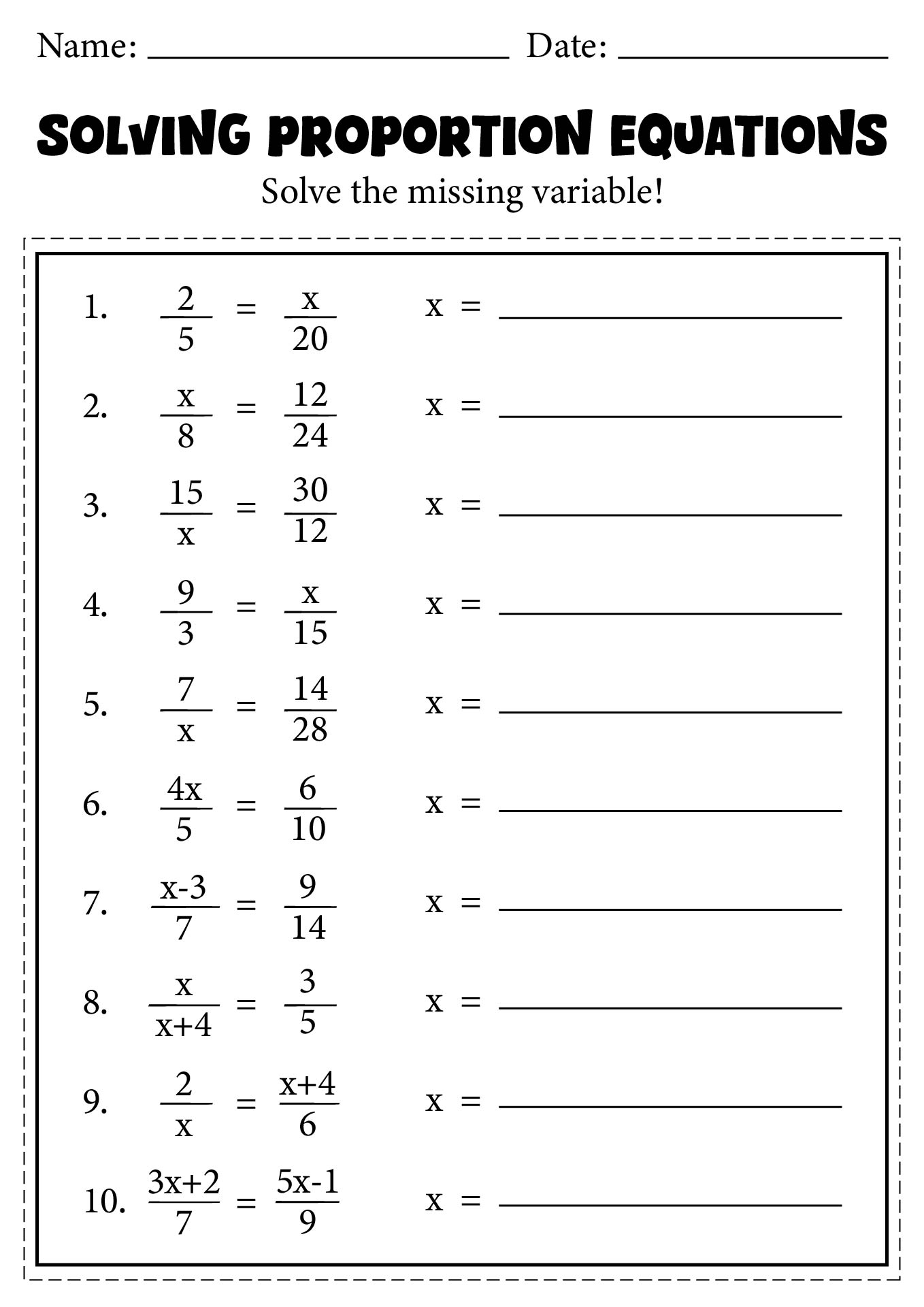 Solving Proportion Equations Practice Sheet