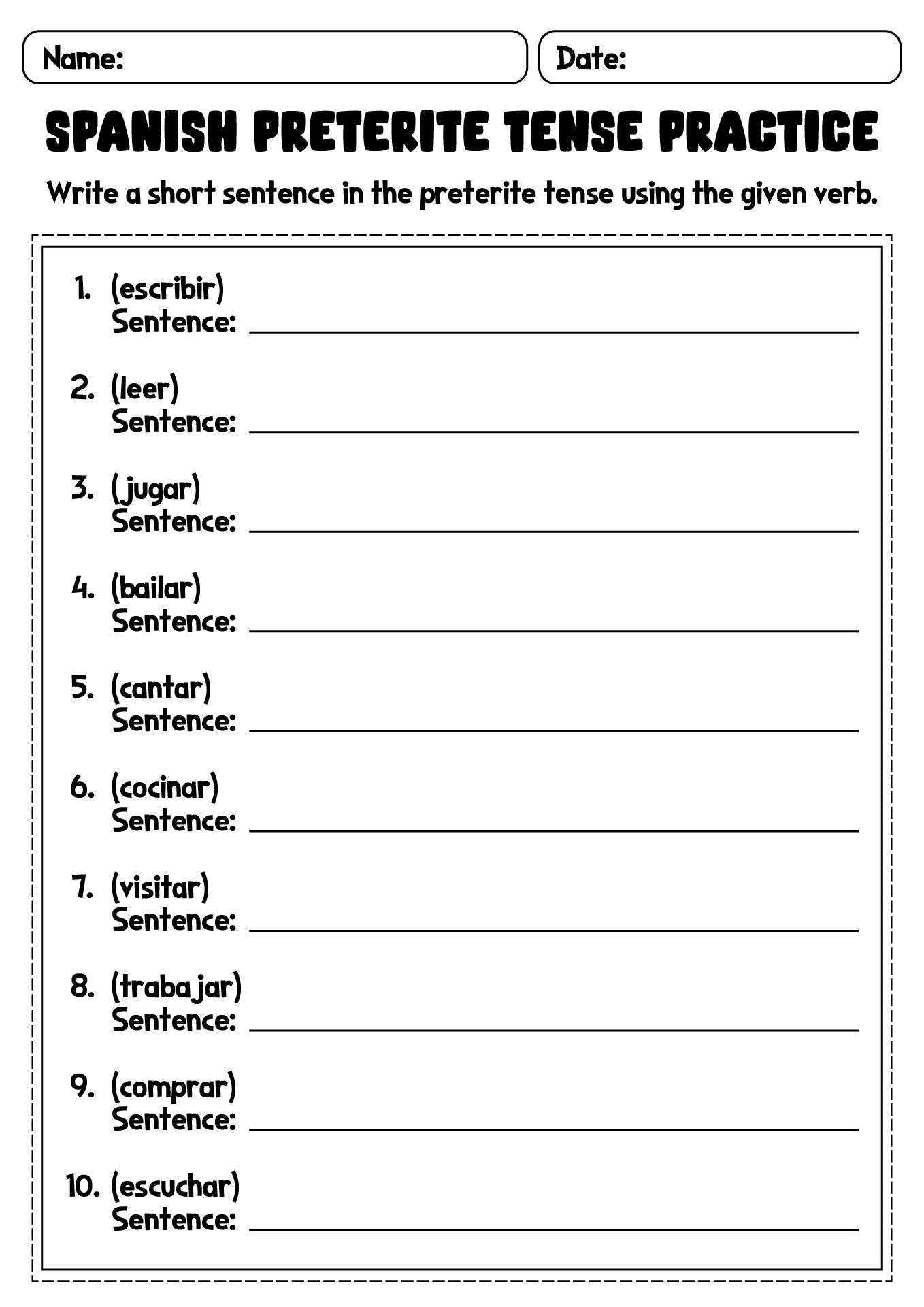 Spanish Preterite Tense Practice Worksheets