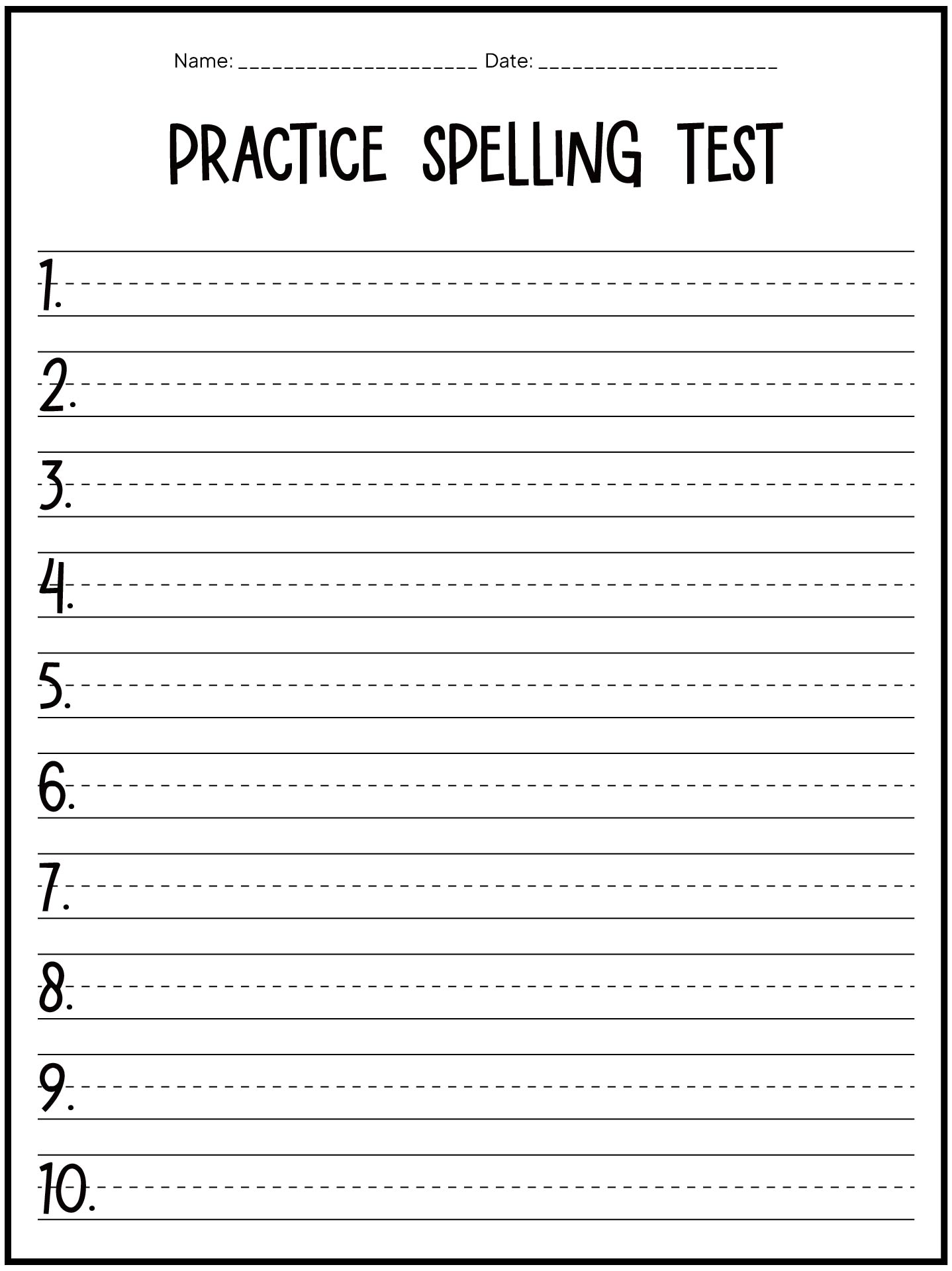 Spelling Test Practice Sheet