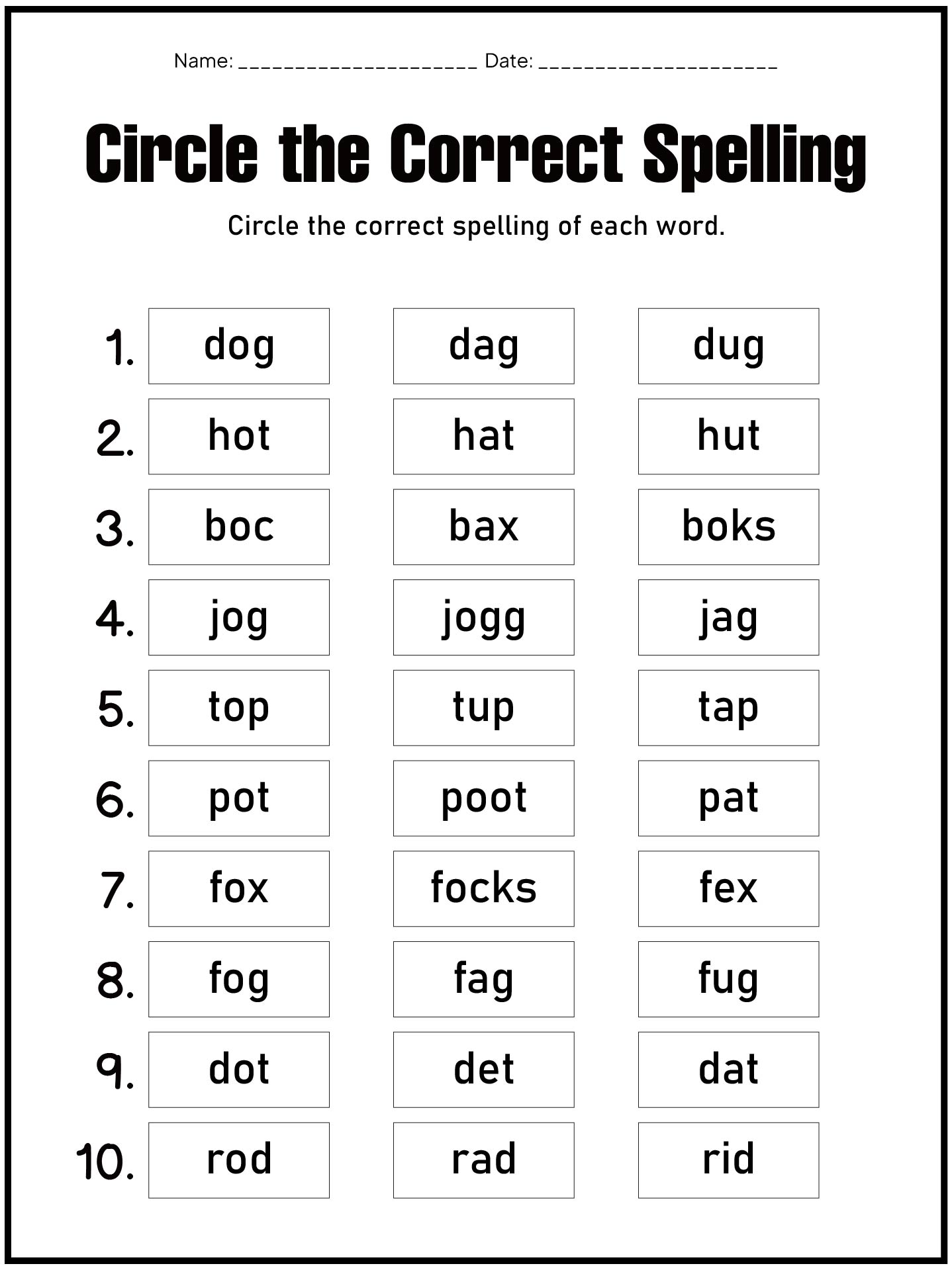 Spelling Test Worksheet for Kids