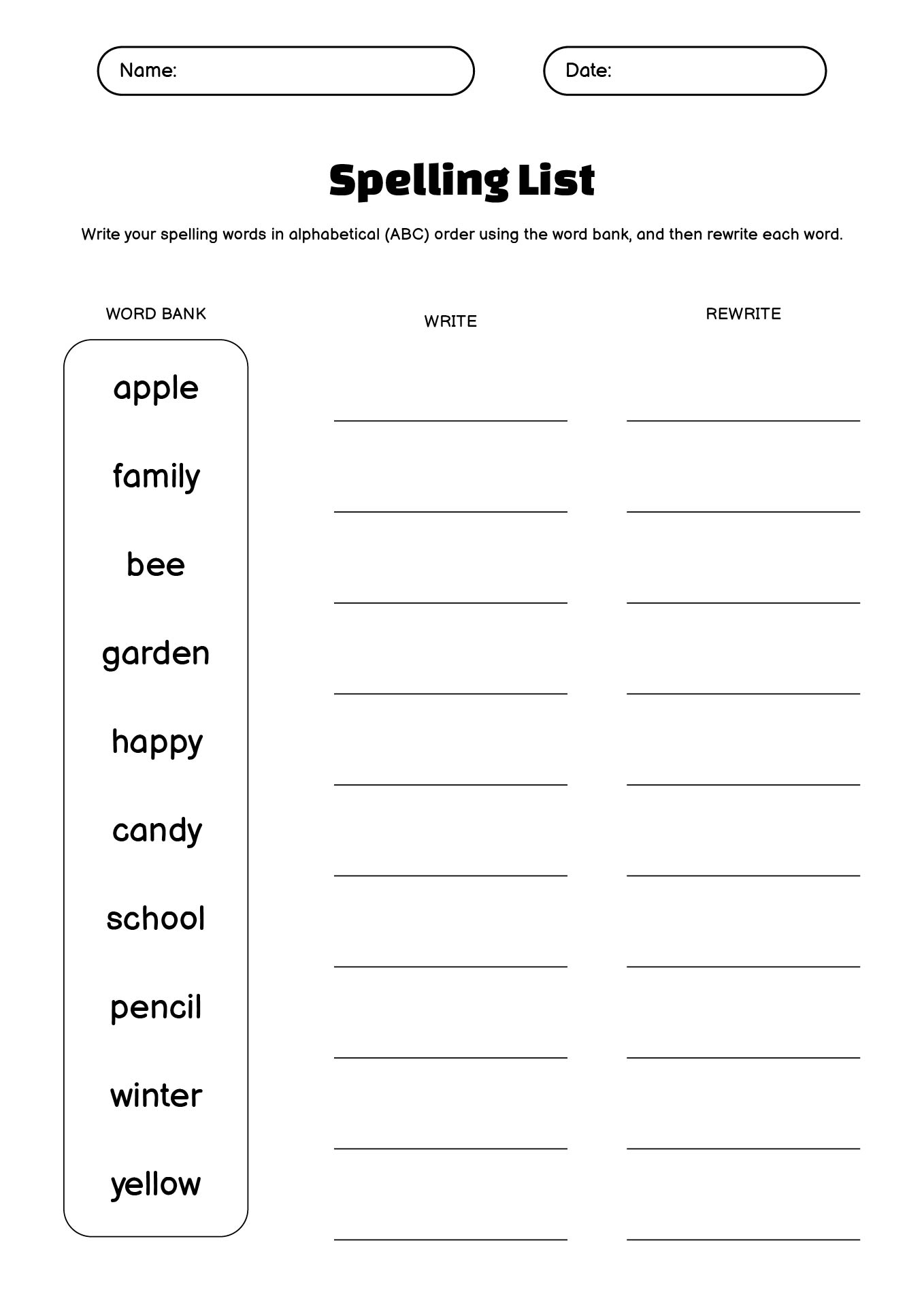 Spelling Test Worksheet with Word Bank