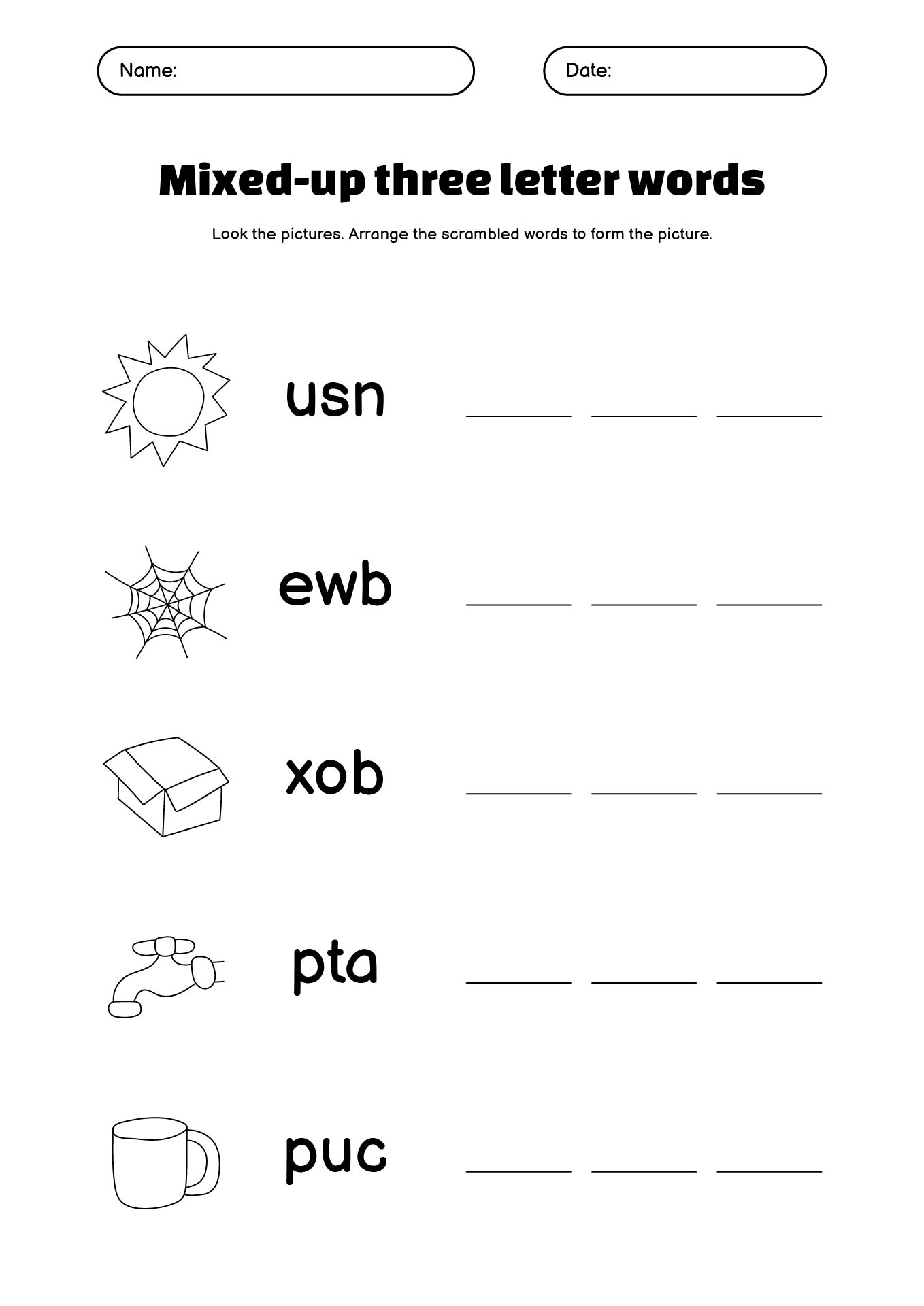 Spelling Three Letter Words Worksheet