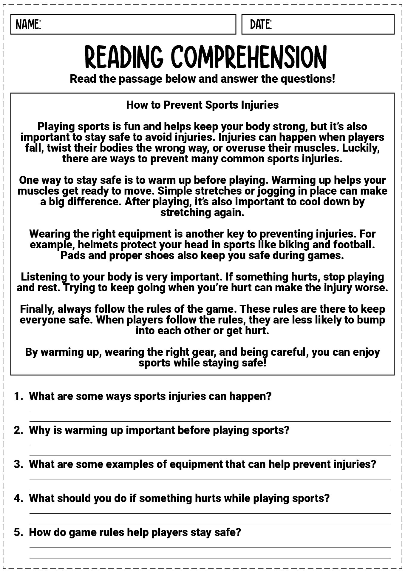 Sports Injury Prevention Reading Comprehension Sheets