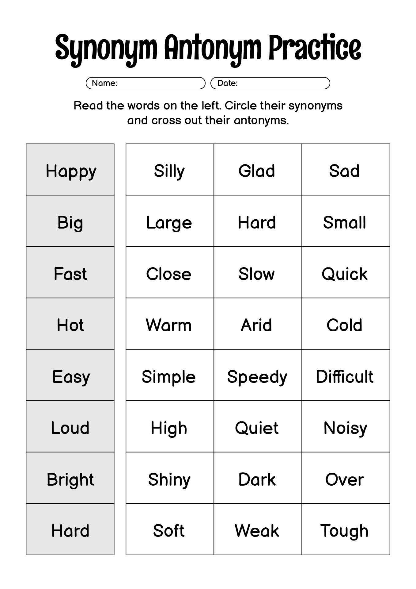 Synonym Antonym Practice Sheets