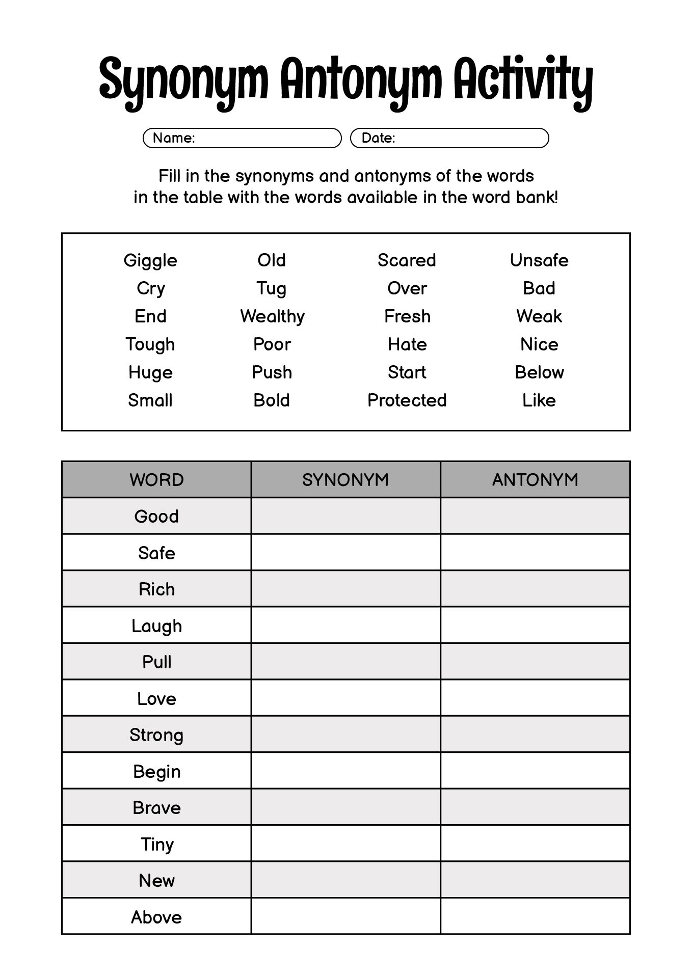 Synonyms and Antonyms English Language Worksheets